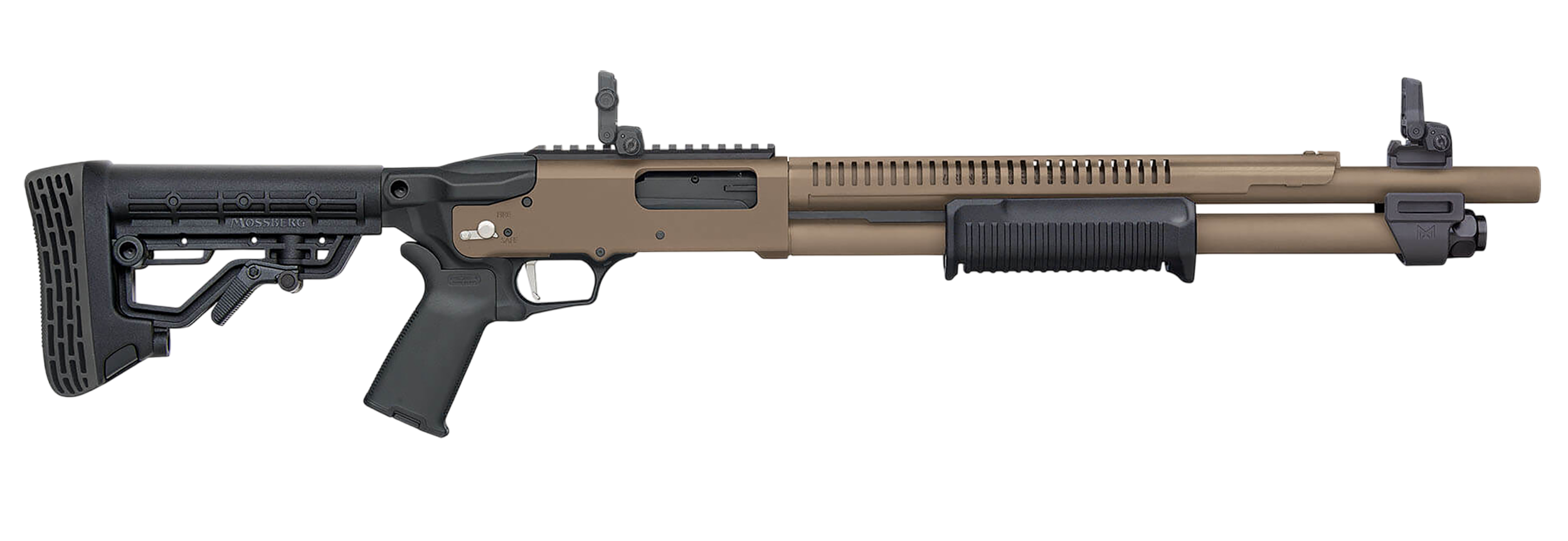 Mossberg 50758 590R 12 Gauge Pump 3" 6+1 18.50" Flat Dark Earth Cerakote Heat Shield Barrel, Flat Dark Earth Cerakote Steel Receiver, Black AR Mil-Spec Adjustable Synthetic Stock, Black Magpul Grip