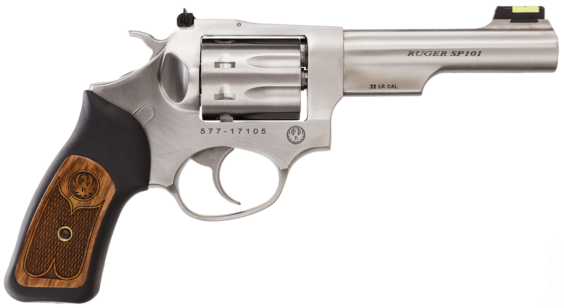 Ruger 5765 SP101 22 LR 8rd 4.20" Satin Stainless Steel Barrel, Cylinder & Frame, Black Rubber w/Wood Insert Grip, Transfer Bar Safety, Exposed Hammer