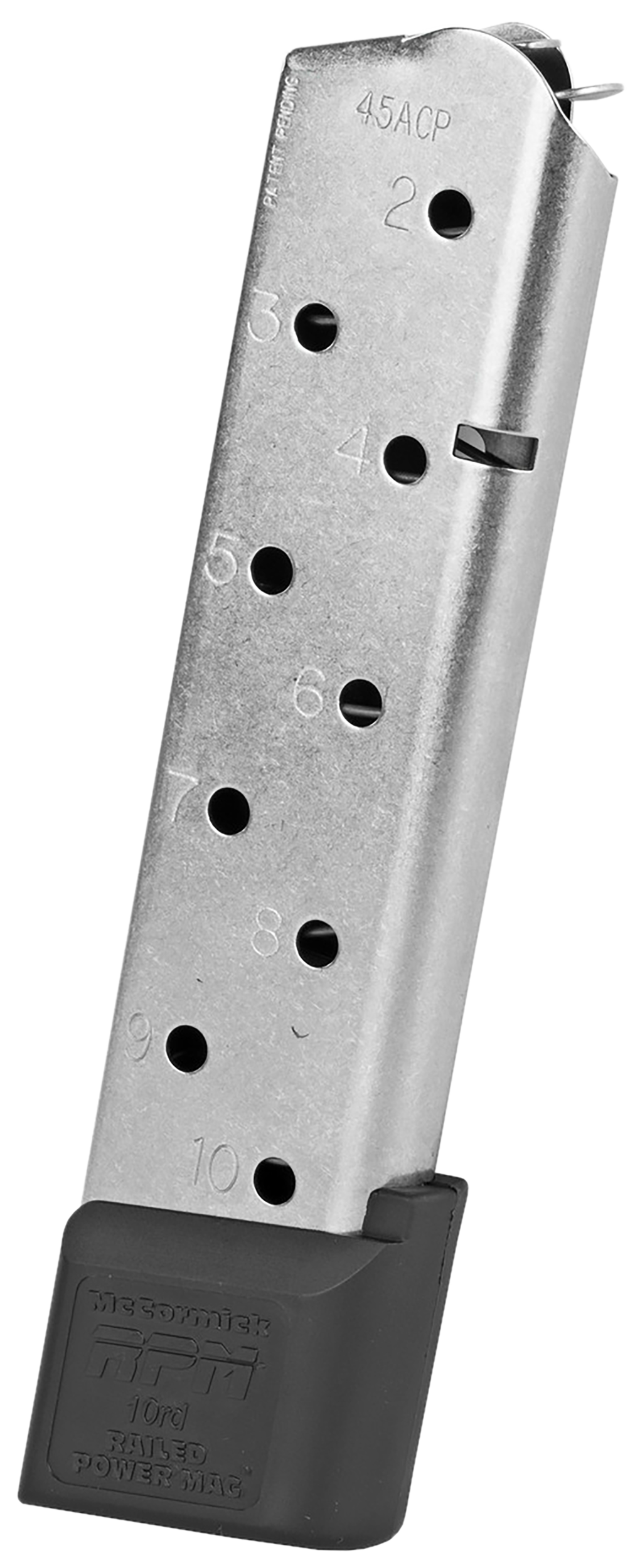 CMC Products 17150 Power Mag Railed 10rd 45 ACP Fits 1911 Government Stainless Steel w/ Black Base Pad