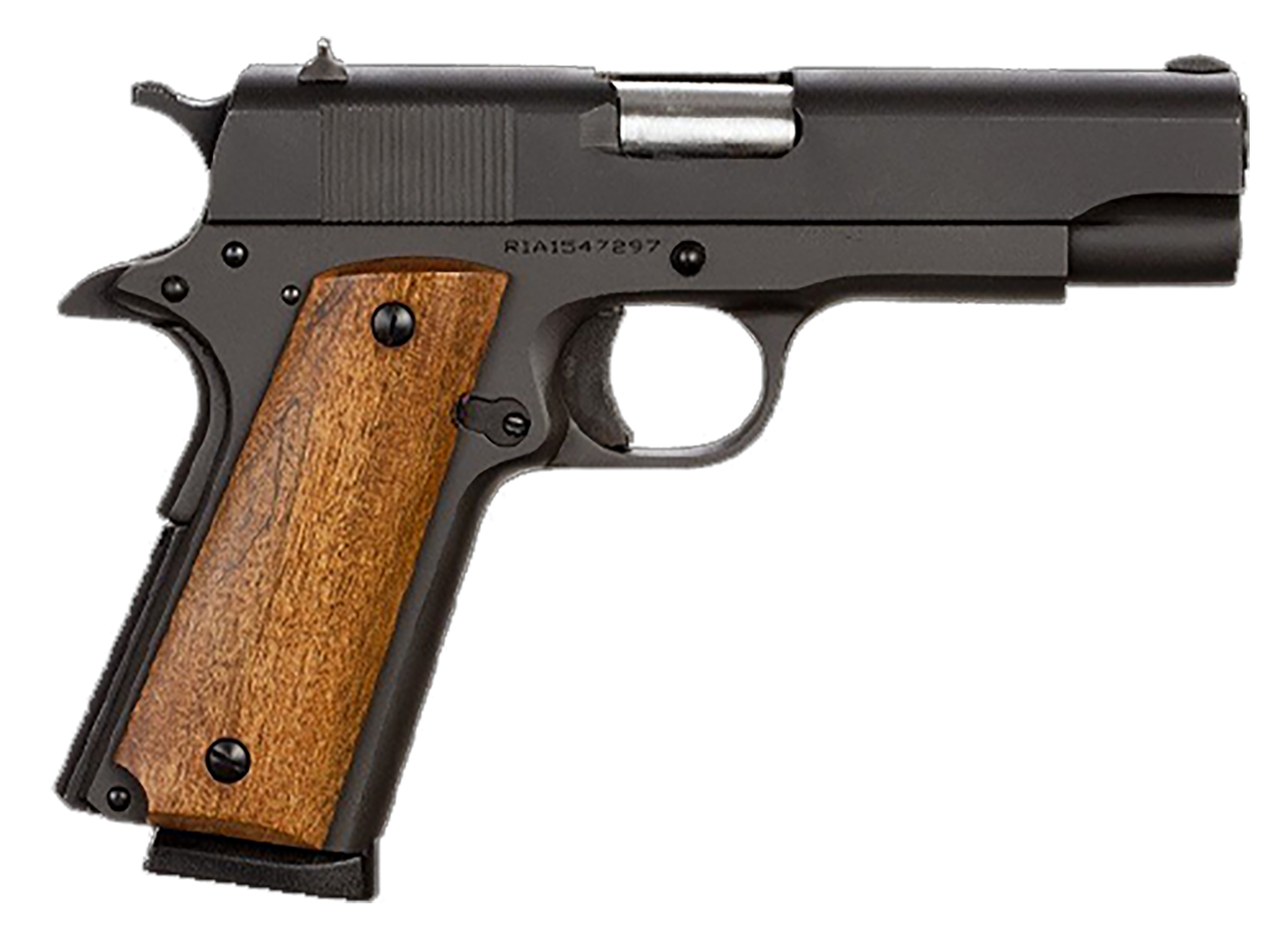 Rock Island 51417MA GI Standard MS *MA Compliant 45 ACP Caliber with 4.20" Barrel, 8+1 Capacity, Overall Black Parkerized Finish Steel, Beavertail Frame, Serrated Slide & Wood Grip