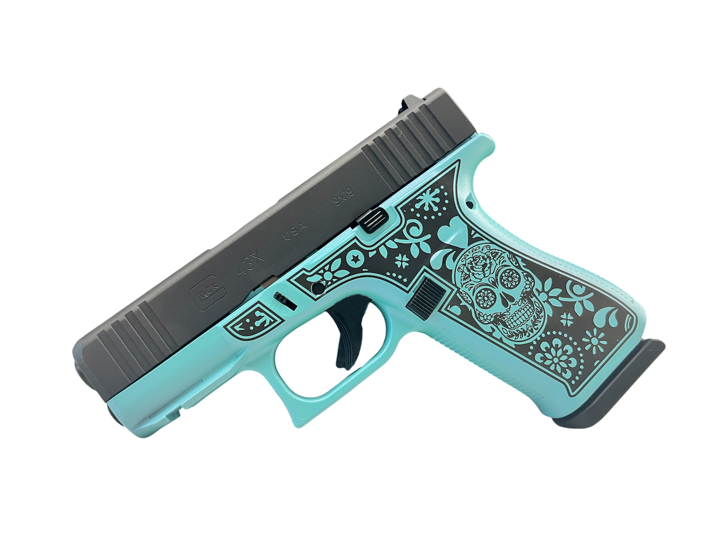 GLOCK 43X TEAL SUGAR SKULL 9MM PISTOL 3.39" FXD 5.5lb 2-10RD MAGS