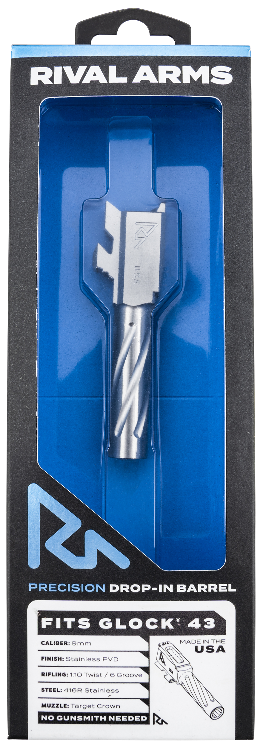 Rival Arms RARA20G301D Precision V1 Match Grade 9mm Luger 3.41" Fluted Stainless Steel, Fits Glock 43/43X