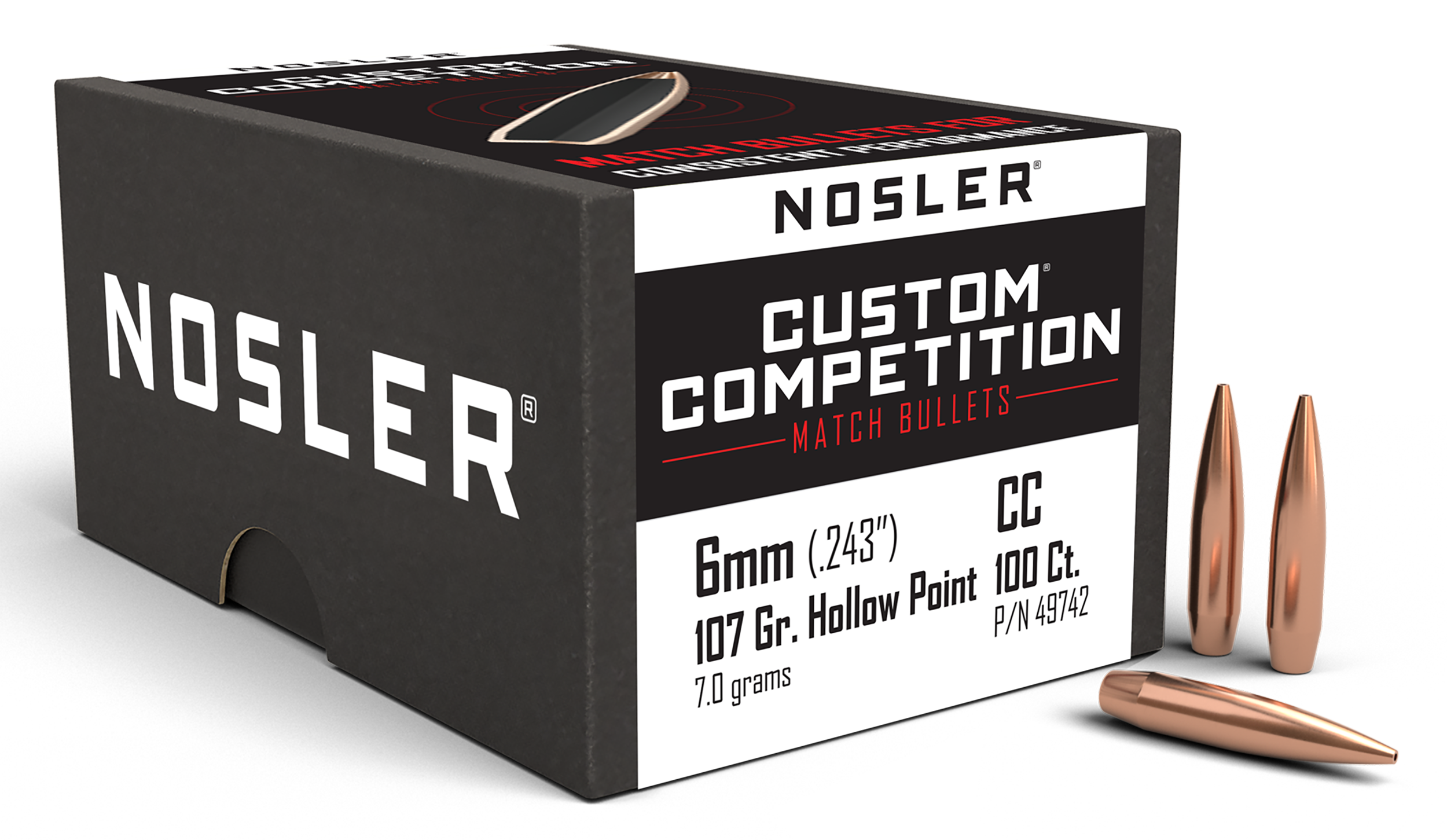Nosler 49742 Custom Competition 6mm 107gr Hollow Point Boat Tail 100/Box