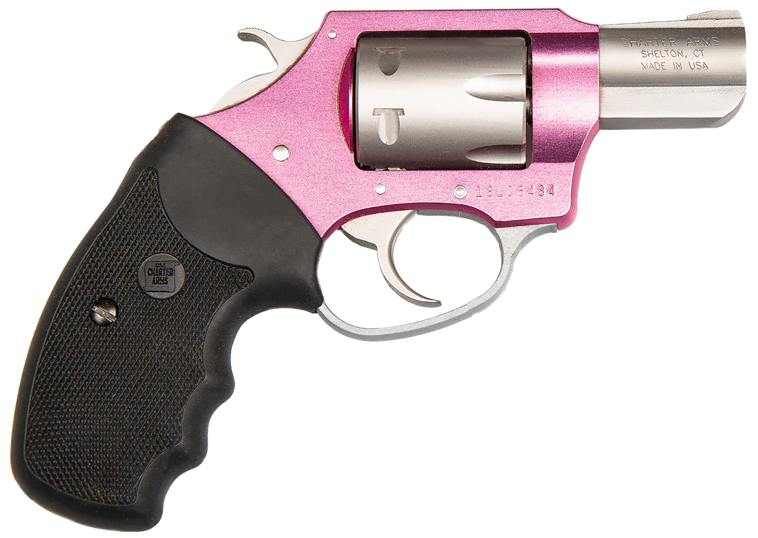 Charter Arms 52330 Pathfinder Pink Lady Small Frame 22 WMR 8 Shot 2" Stainless Steel Barrel, Pink Cerakote Aluminum Frame, Stainless Cylinder, Black Finger Grooved Rubber Grip, Exposed Hammer