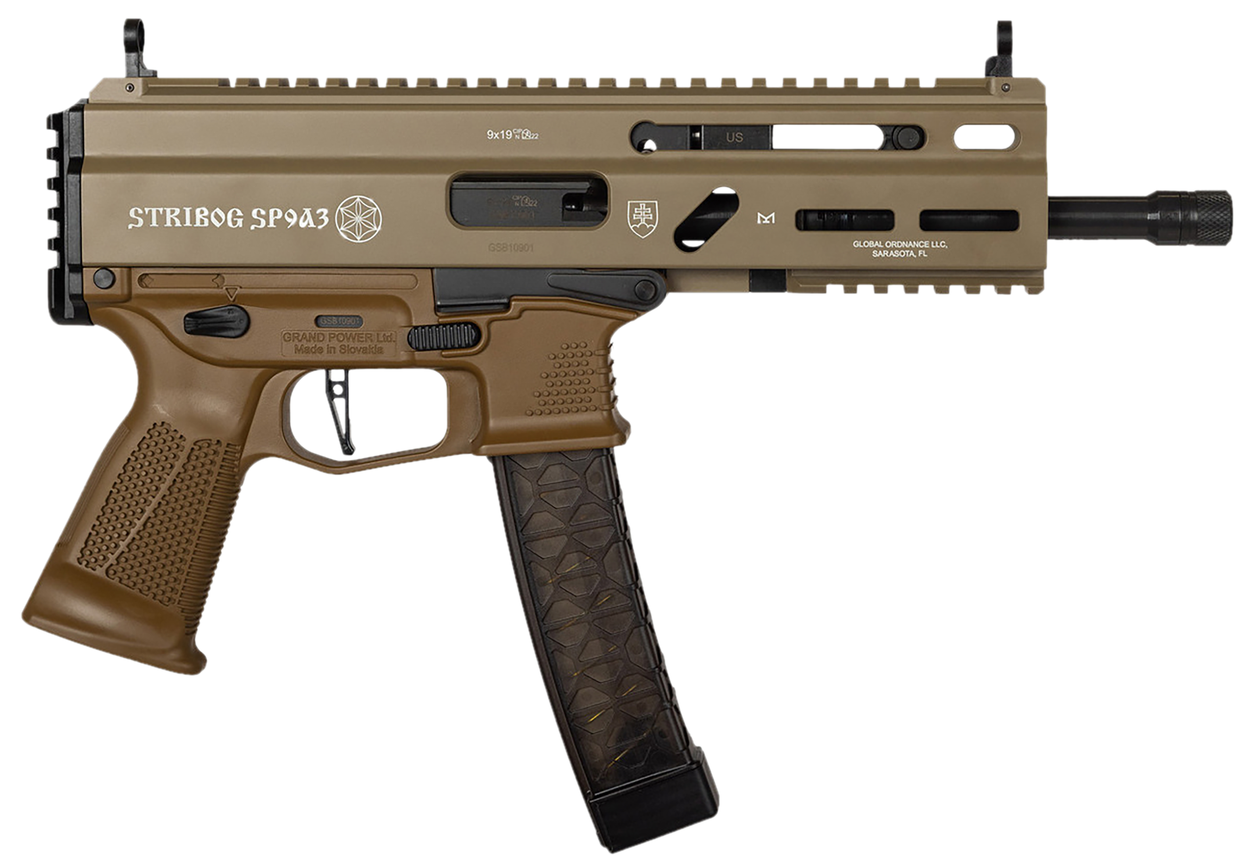 Grand Power 197892004770 SP9A3 Stribog 9mm Luger 30+1 8" Black Threaded Barrel, M-LOK Handguard, Flat Dark Earth Aluminum Picatinny Rail Receiver, Rear Picatinny Rail, FDE Polymer Grips