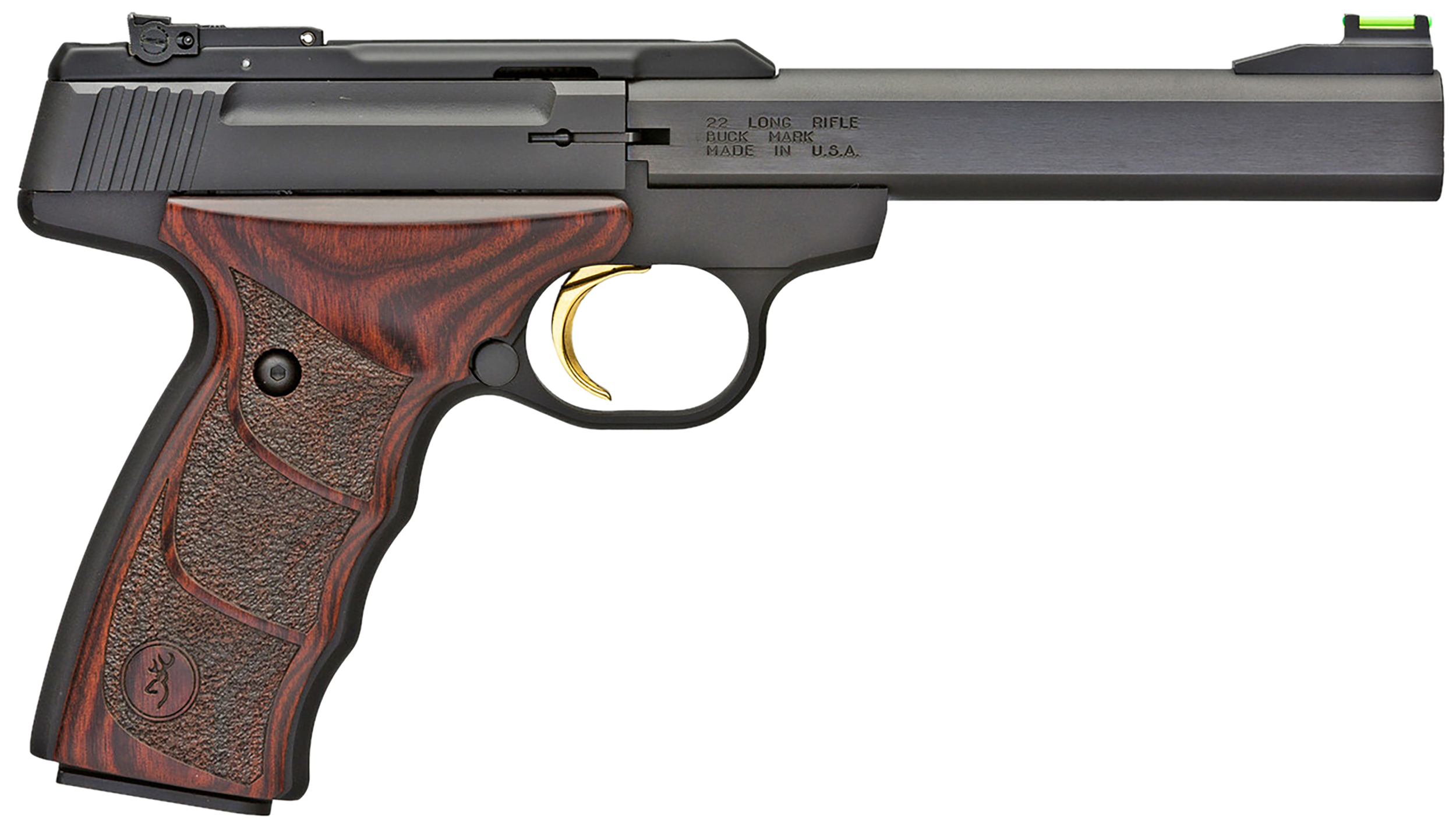 Browning 051429490 Buck Mark Plus *CA Compliant 22 LR 10+1 5.50" Slab Side Barrel, Matte Black Serrated Steel Slide  & Aluminum Frame, Brown Finger Grooved Laminate Grips
