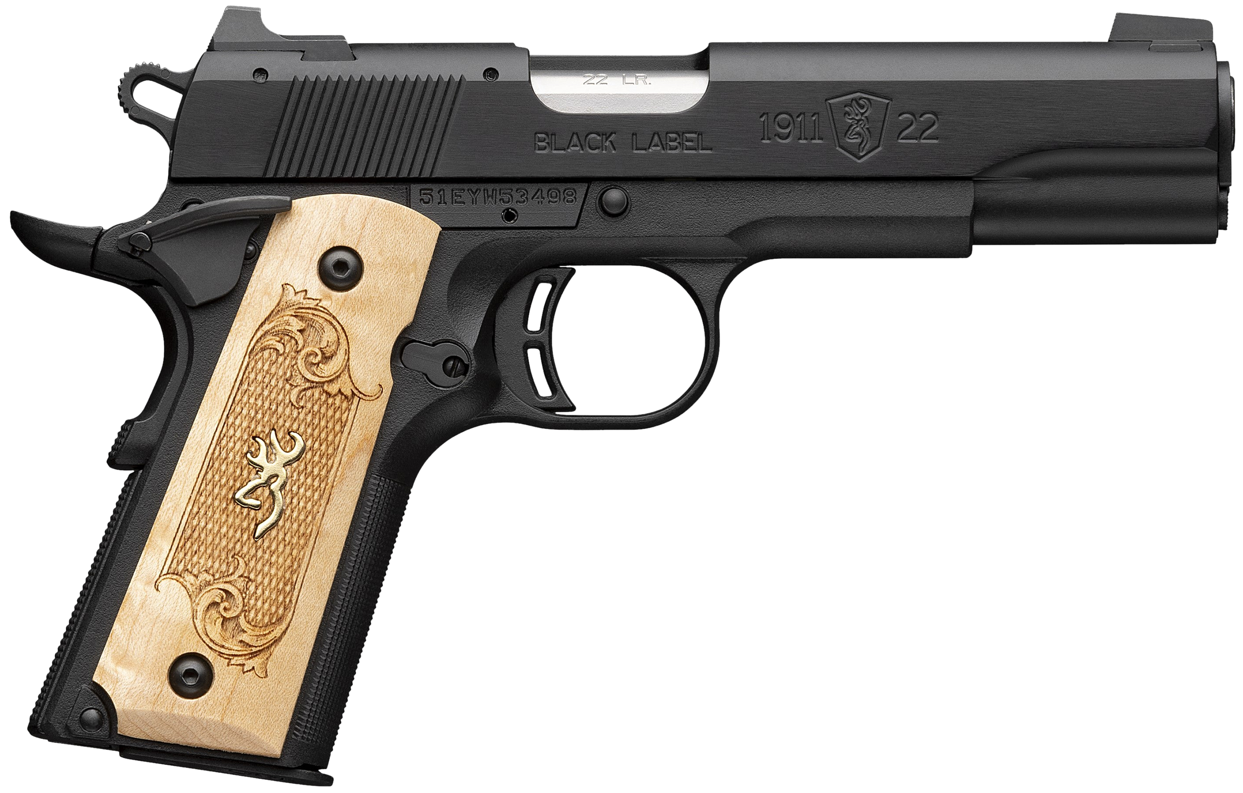 Browning 051067490 1911-22 Black Label Medallion Full Size Frame 22 LR 10+1 4.25" Stainless Steel Barrel, Matte Black Serrated Slide, Matte Black Aluminum Frame w/Beavertail, Maple Medallion Grip