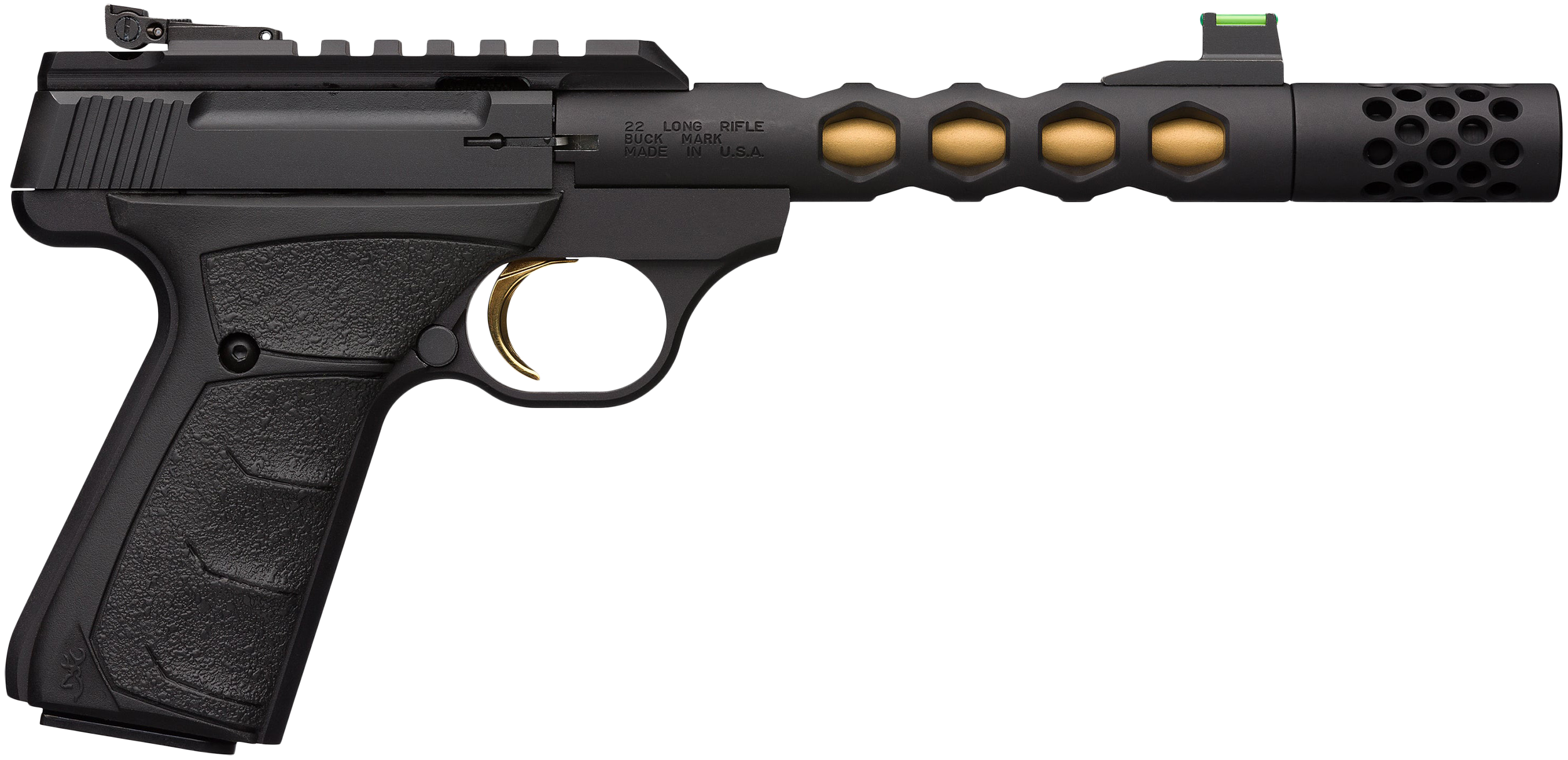 Browning 051573490 Buck Mark Plus Vision SR 22 LR 10+1 5.87" Black Anodized/Gold Cerakote/SR/Threaded Barrel, Matte Black Serrated Steel/Optic Ready Slide & Aluminum Frame Black Ultragrip FX Grip