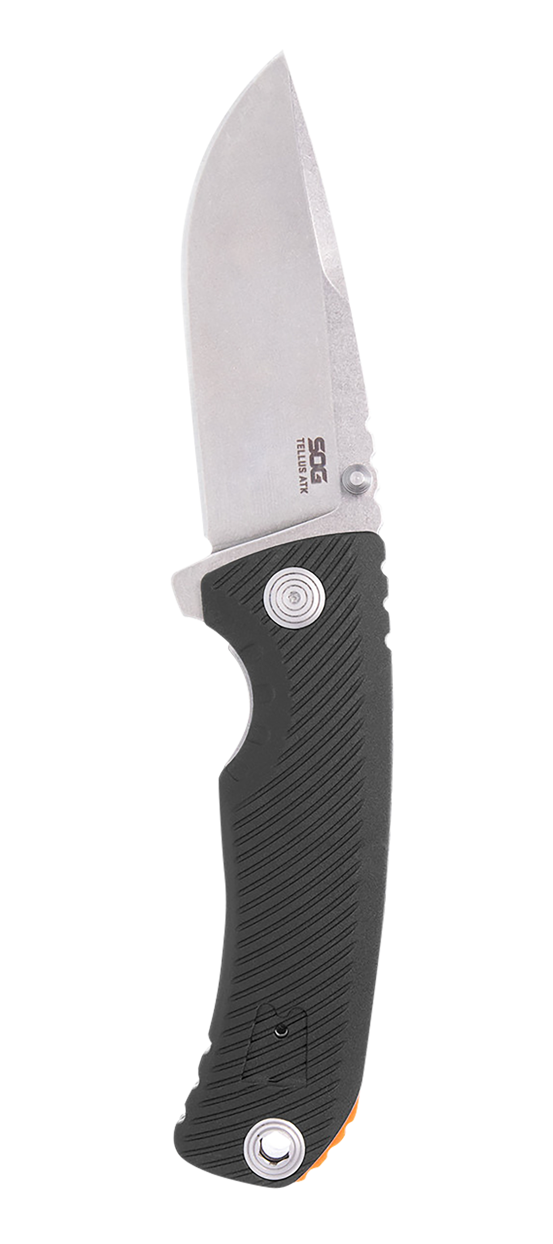 S.O.G SOG11060243 Tellus ATK 3.50" Folding Clip Point Plain Stonewashed Cryo 440C SS Blade/ Black Textured w/Orange Backspacer GRN Handle Includes Belt Clip