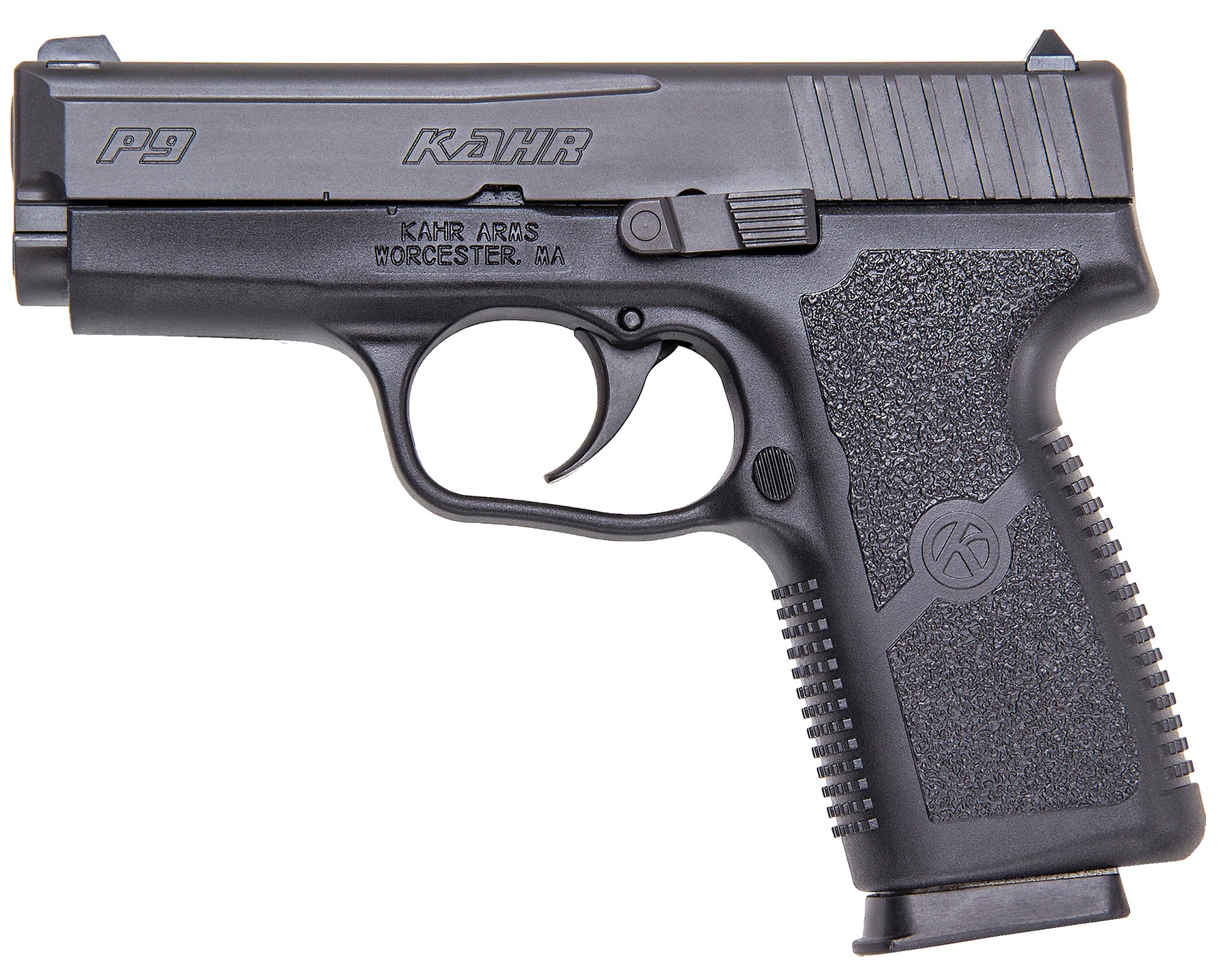 Kahr Arms KP9094N P *CA Compliant 9mm Luger Caliber with 3.60" Barrel, 7+1 Capacity, Black Finish Frame, Serrated Matte Black Stainless Steel Slide, Polymer Grip & TruGlo Night Sigts