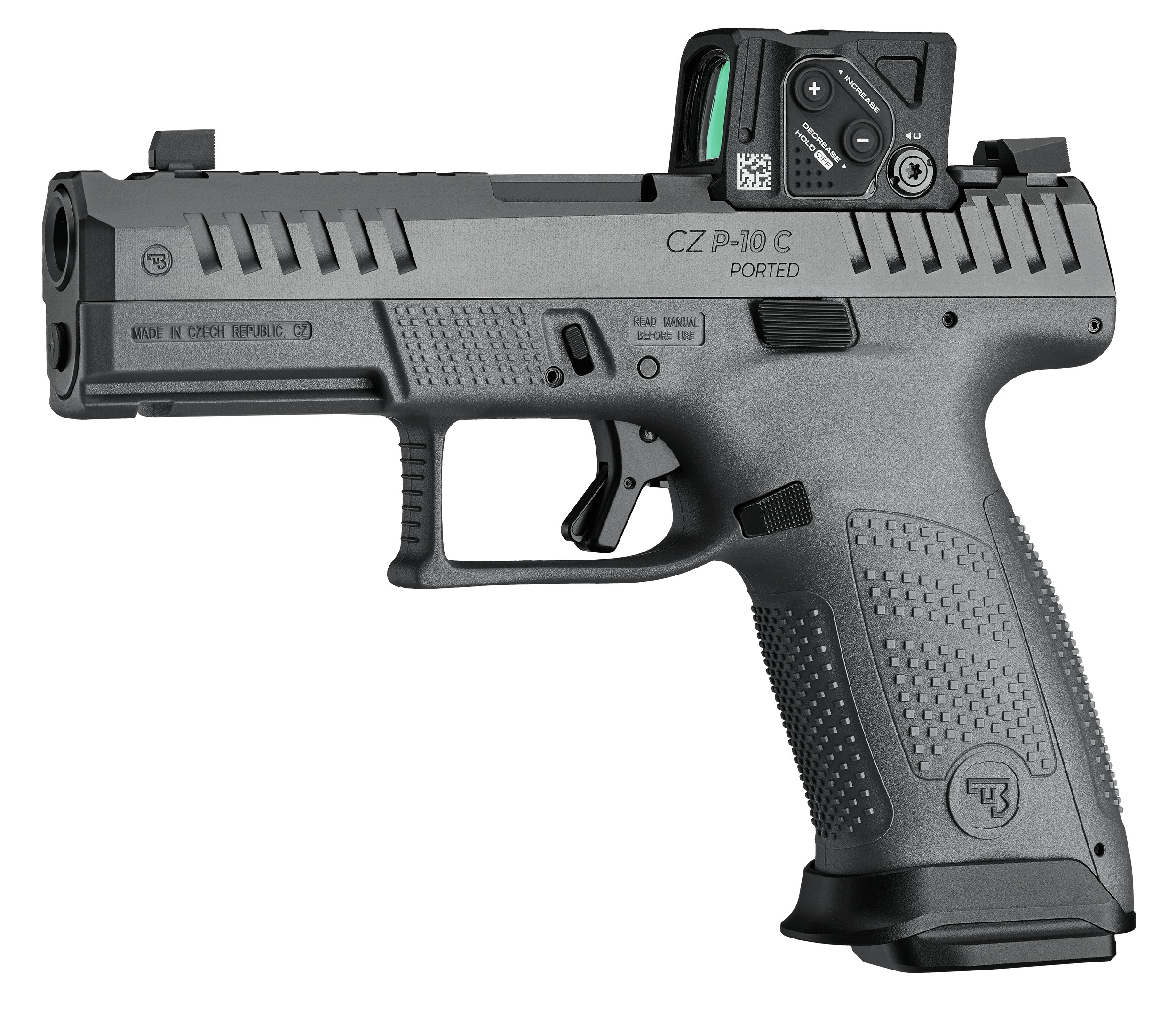 CZ-USA 91582 P-10 C  Compact 9mm Luger 15+1 4" Black Nitride Integral Compensator Barrel, Black Nitride Steel Serrated w/Optic Slide, Black Polymer Frame w/Accessory Rail Textured Grip, Aimpoint COA 3