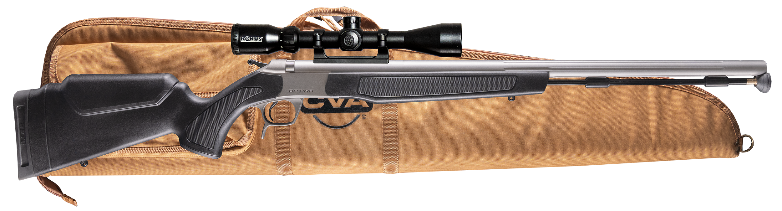 CVA PR2050SSCP Optima Scope Package 50 Cal 26" Stainless Fluted Barrel, Drilled & Tapped Stainless Steel Receiver, Fixed Black Synthetic Stock, Konus 3-9x40mm BDC, Rifle Case, Aerolite Bullets