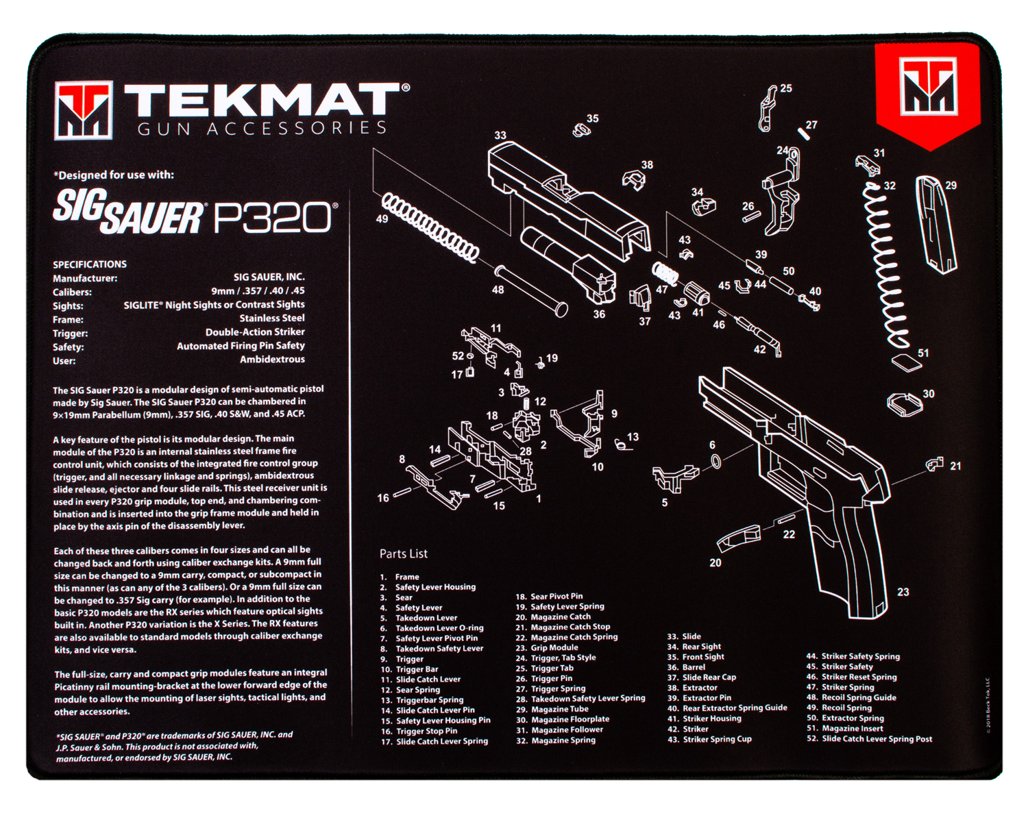 TekMat TEKR20SIGP320 Sig Sauer P320 Ultra 20 Cleaning Mat Black/White Rubber 15"x20" Sig P320 Parts Diagram