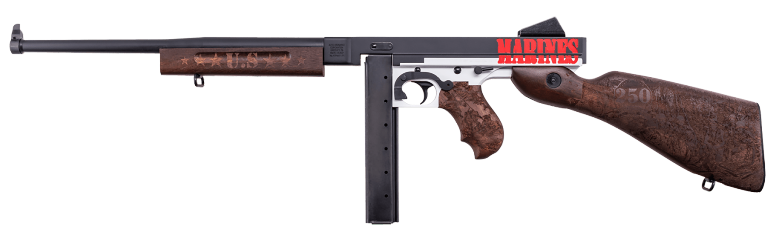 Thompson TM1C6 Marines 250th Anniversary 45 ACP 30+1 16.50" Midnight Blue Cerakote Barrel, Midnight Blue/Stormtrooper White Cerakote Steel Receiver, Engraved Walnut Fixed Stock, Engraved Wood Grip