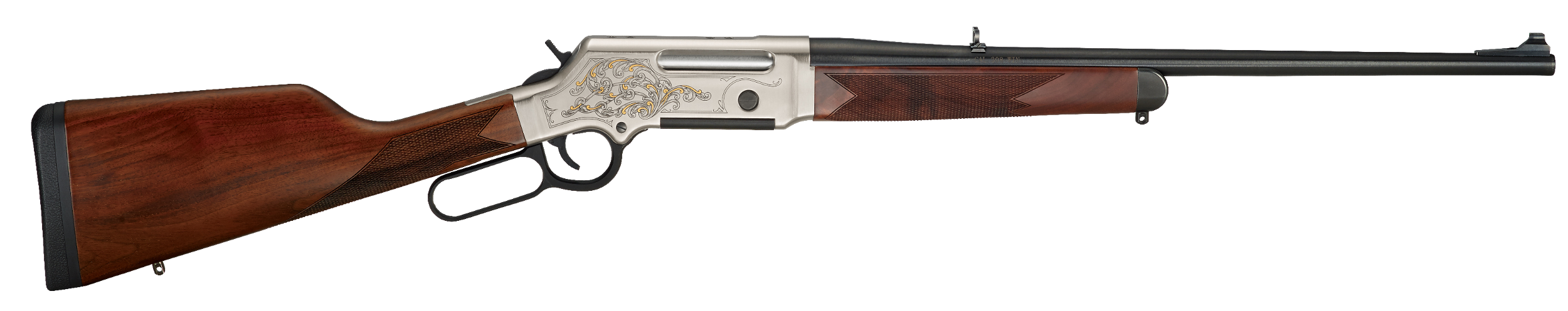 Henry H014D308 Long Ranger Deluxe Full Size 308 Win 4+1 20" Blued Steel Barrel, Engraved Nickel-Plated w/24K Gold Inlay Steel Receiver, American Walnut Stock Right Hand