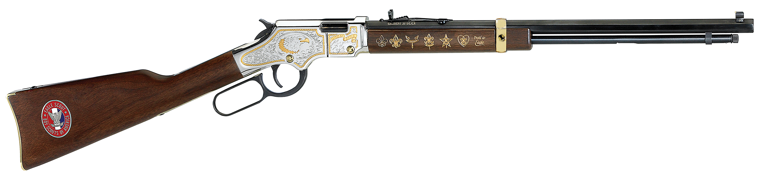 Henry H004ES2 Golden Boy Eagle Scout Tribute 2nd Edition 22 S/L/LR 16+1 20" Blued Octagon Barrel, Nickel Plated w/Selective 24kt Gold Plating Drilled & Tapped Receiver, American Walnut Straight