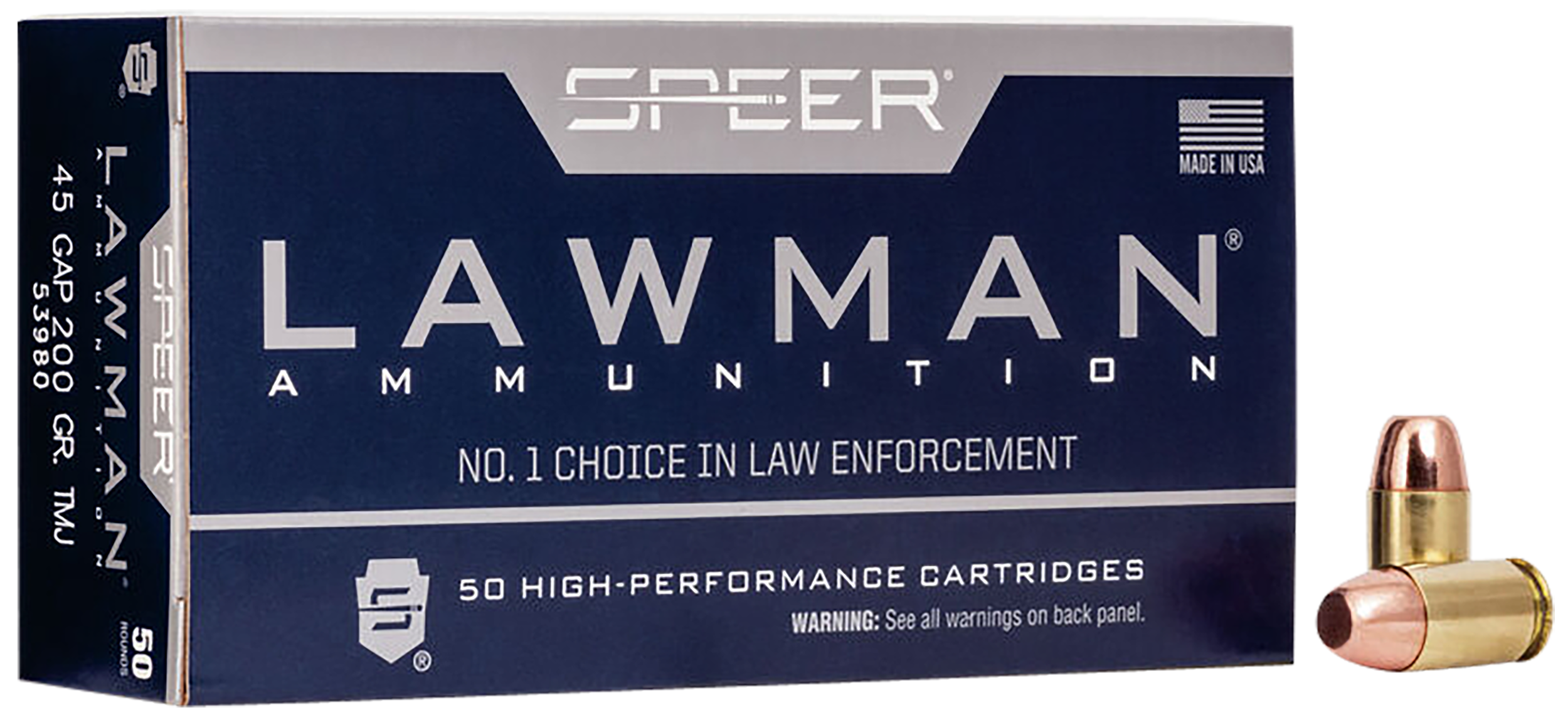 Speer 53980 Lawman  45GAP 200gr Total Metal Jacket Flat Nose 50 Per Box/20 Case