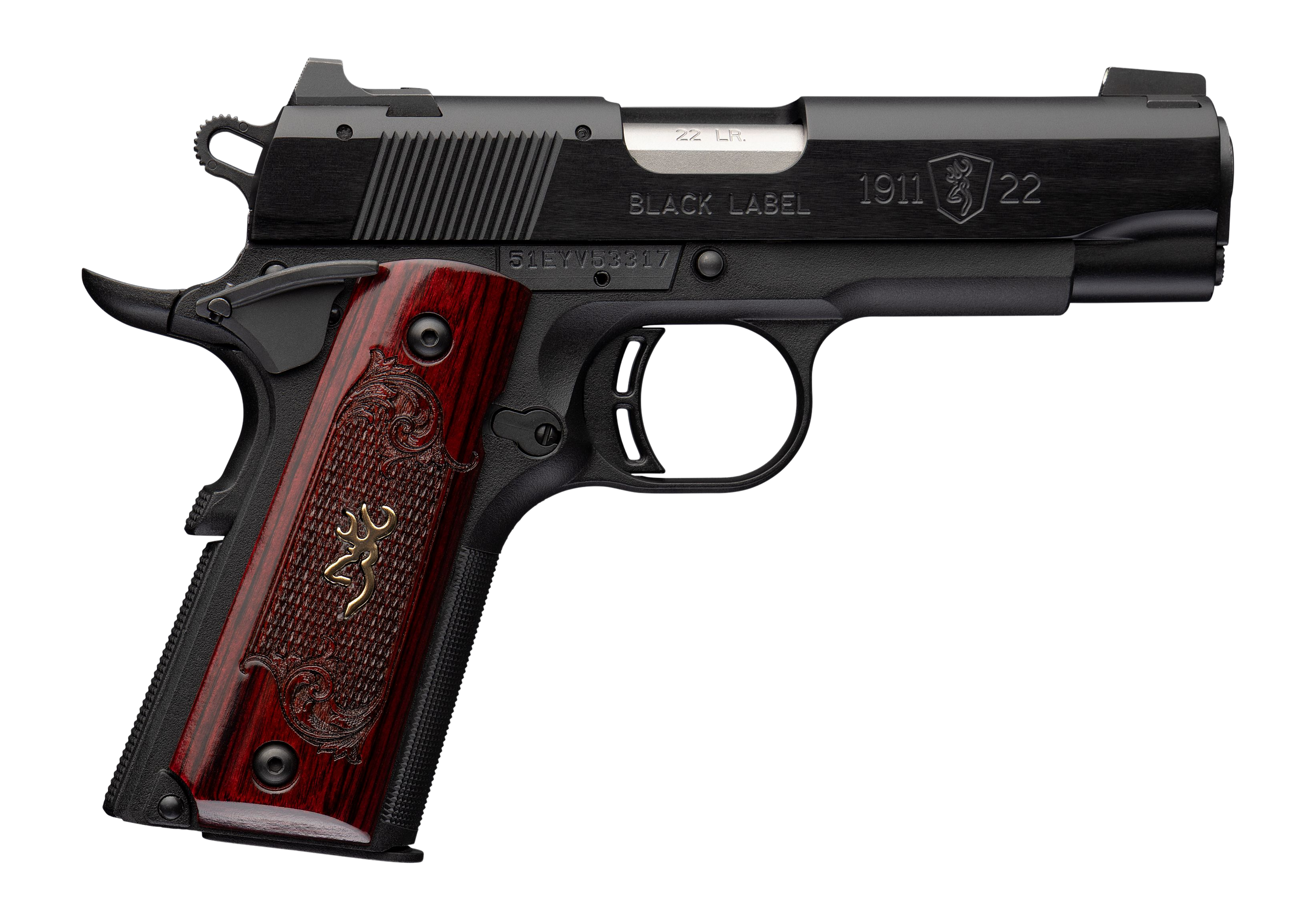 Browning 051070490 1911 Black Label Medallion Compact 22 LR 10+1 3.63" Matte Stainless Barrel, Black Anodized Aluminum Serrated Slide, Matte Black Polymer Frame w/Beavertail, Rosewood w/Gold BuckMark
