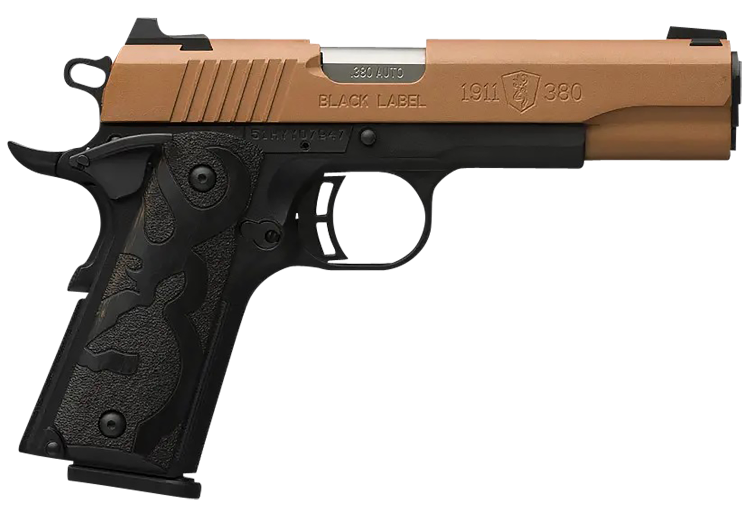 Browning 051987492 1911 Black Label Full Size Frame 380 ACP 8+1 4.25" Matte Stainless Steel Barrel, Copper Cerakote Serrated Stainless Steel Slide, Matte Black Polymer Frame, Black Polymer Grip