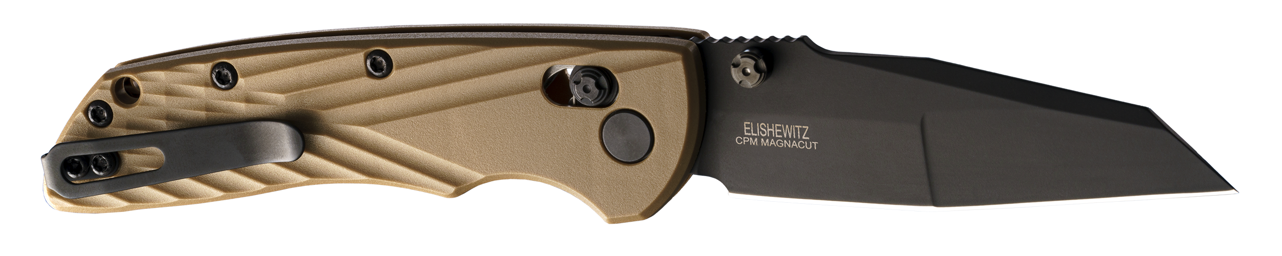 Hogue Deka 3.25" Folding Wharncliffe Plain Black Cerakote CPM MagnaCut SS Blade, FDE Crosshatch Textured GRN Handle, Includes Pocket Clip