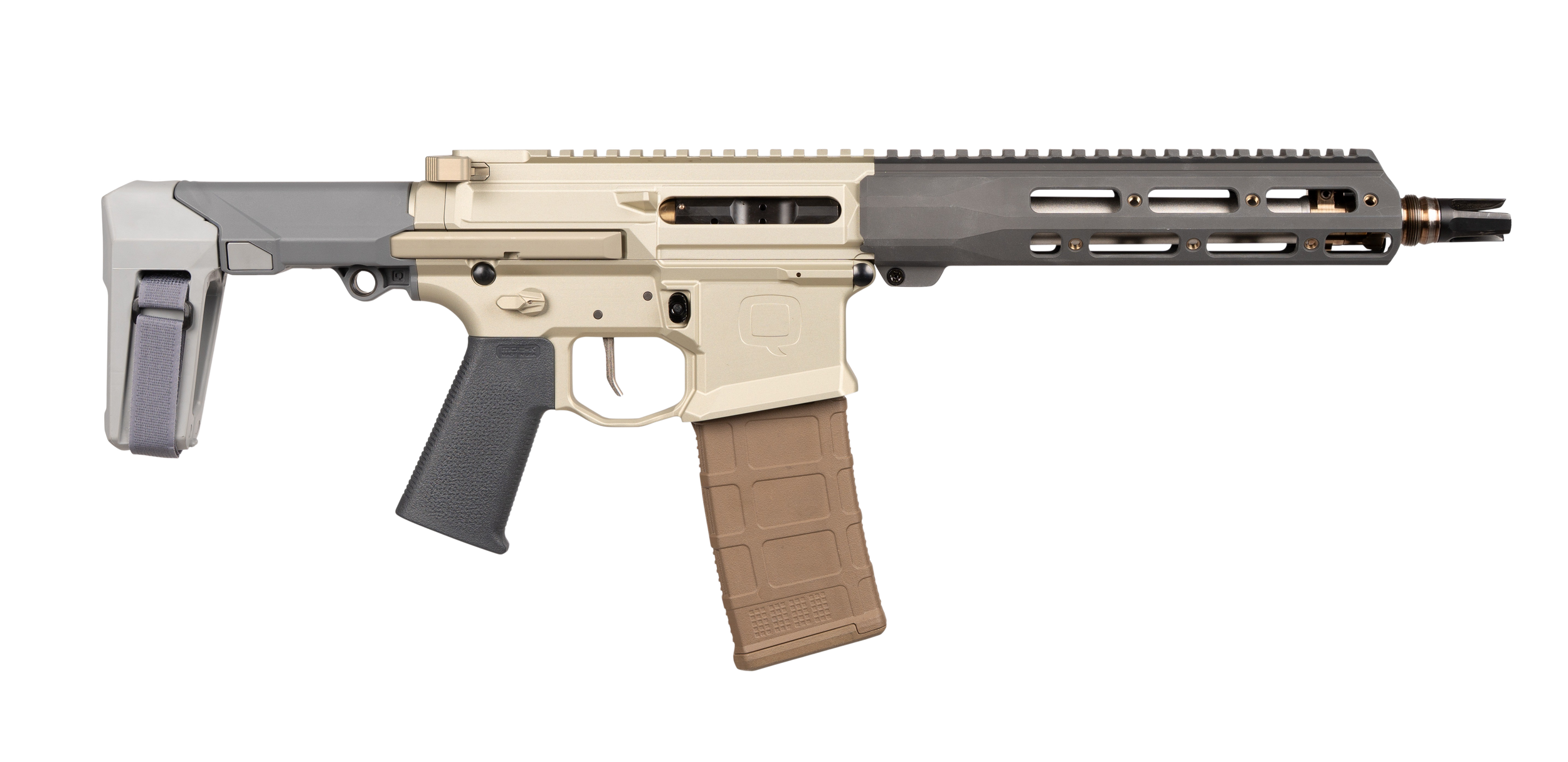 Q LLC HB55610INPISTOL Honey Badger 5.56 NATO 30+1 10" Threaded Barrel, M-LOK Handguard, Aluminum Receiver, Tan SB Tactical Brace