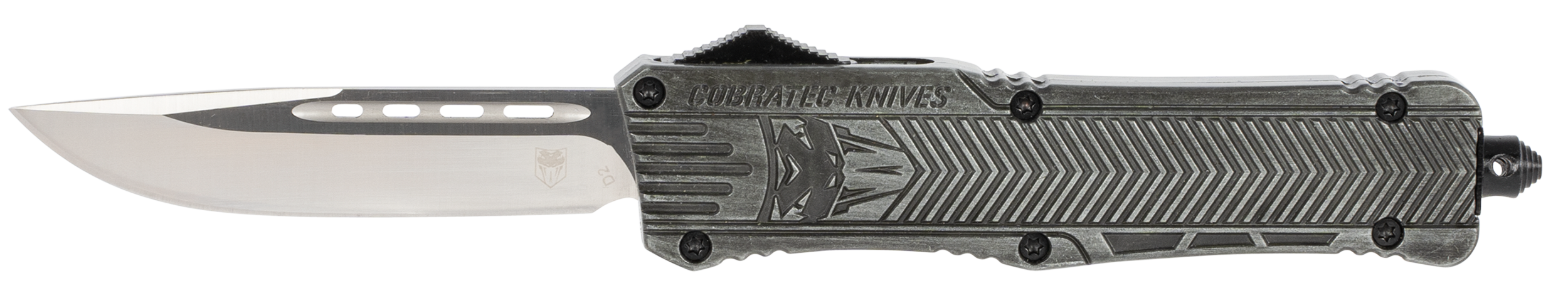 CobraTec Knives LSWCTK1LDNS CTK-1 Large 3.75" OTF Drop Point Plain D2 Steel Blade/ Stonewashed Aluminum Handle Features Glass Breaker Includes Pocket Clip