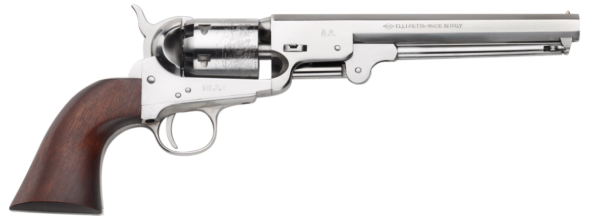 Pietta PF51OS36712 1851 Navy "Old Silver" 36 Cal 7.50" 6rd Old Silver Frame, & Octagon Barrel, Walnut Grip