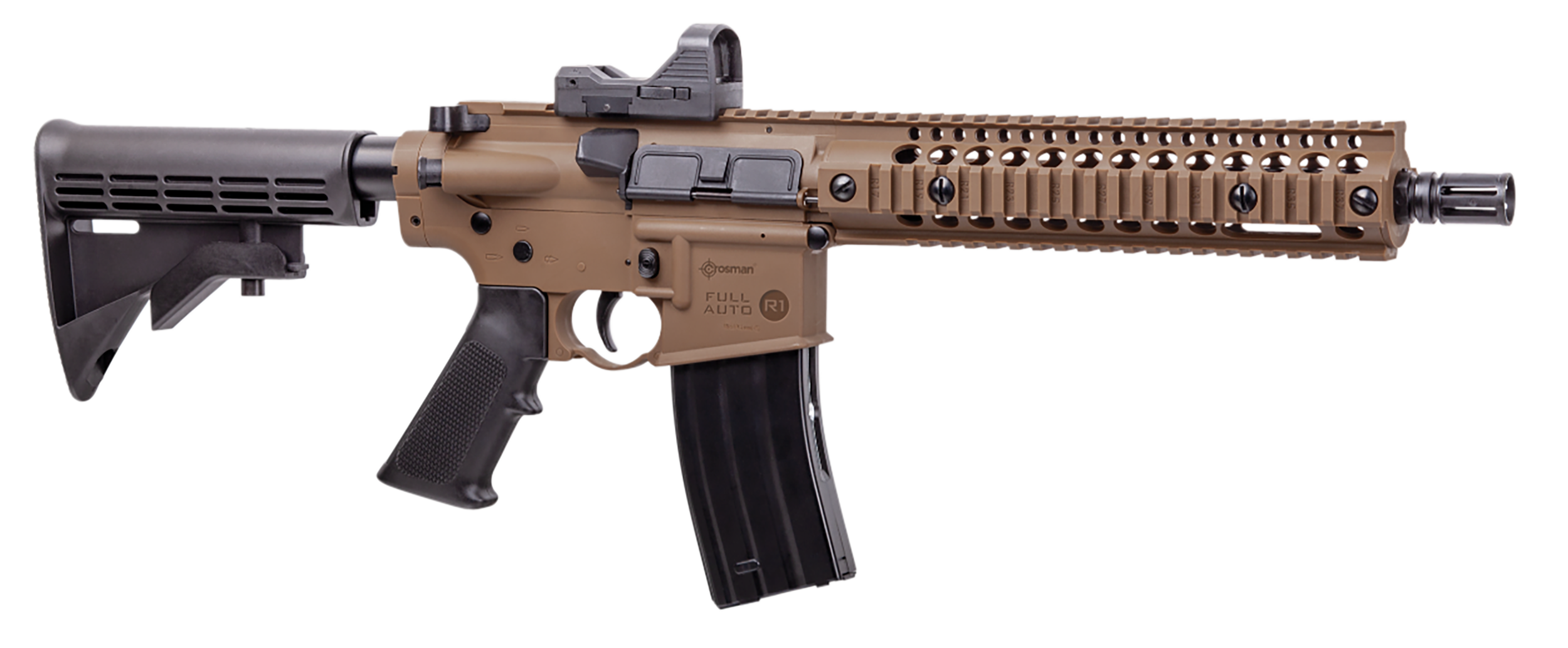Crosman CFAR1X Full Auto R1 Air Rifle CO2 177 25rd Shot Black Flat Dark Earth Receiver Black 6 Position Stock