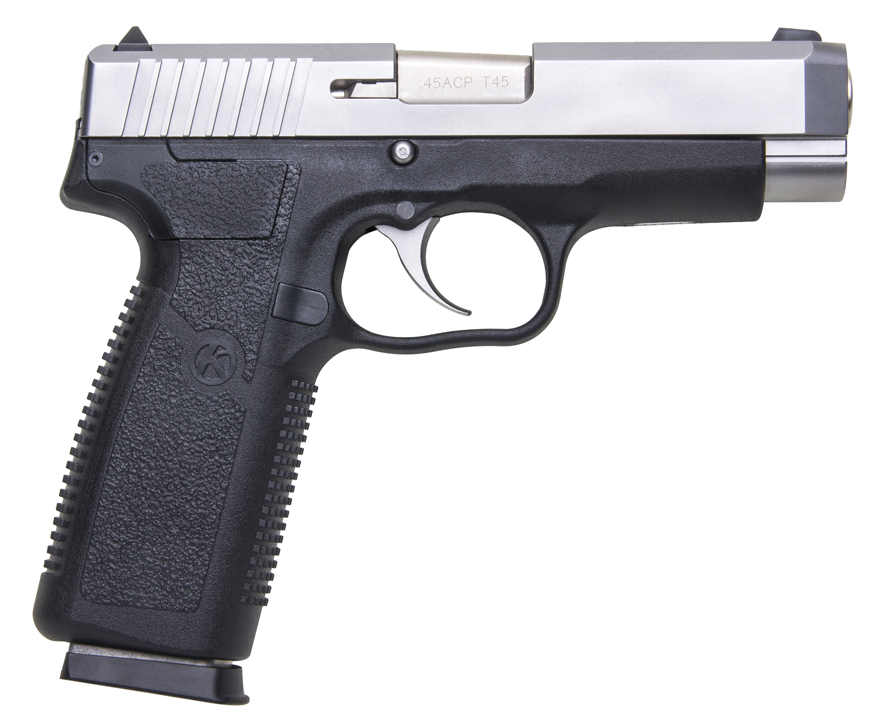 Kahr Arms CT4543 CT45 45 ACP 7+1 4" Stainless Steel Barrel, Matte Serrated Stainless Steel Slide, Black Polymer Frame, Black Textured Polymer Grip, Right Hand