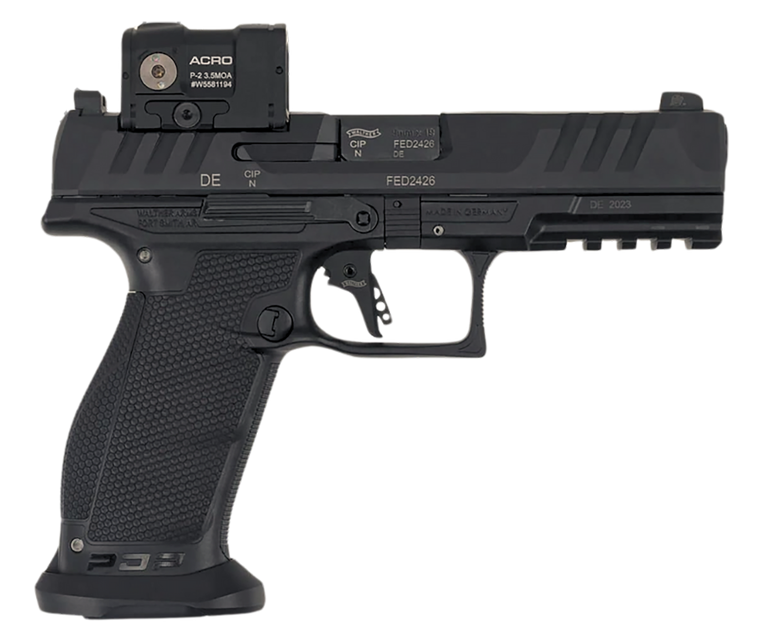 Walther Arms 2881225PRO PDP w/Optic Full Size Frame 9mm Luger 18+1 4.50" Polygonal Rifling Barrel Black Optic Ready/Serrated Steel Slide Black Polymer Frame w/Picatinny Rail, Aimpoint Acro Red Dot