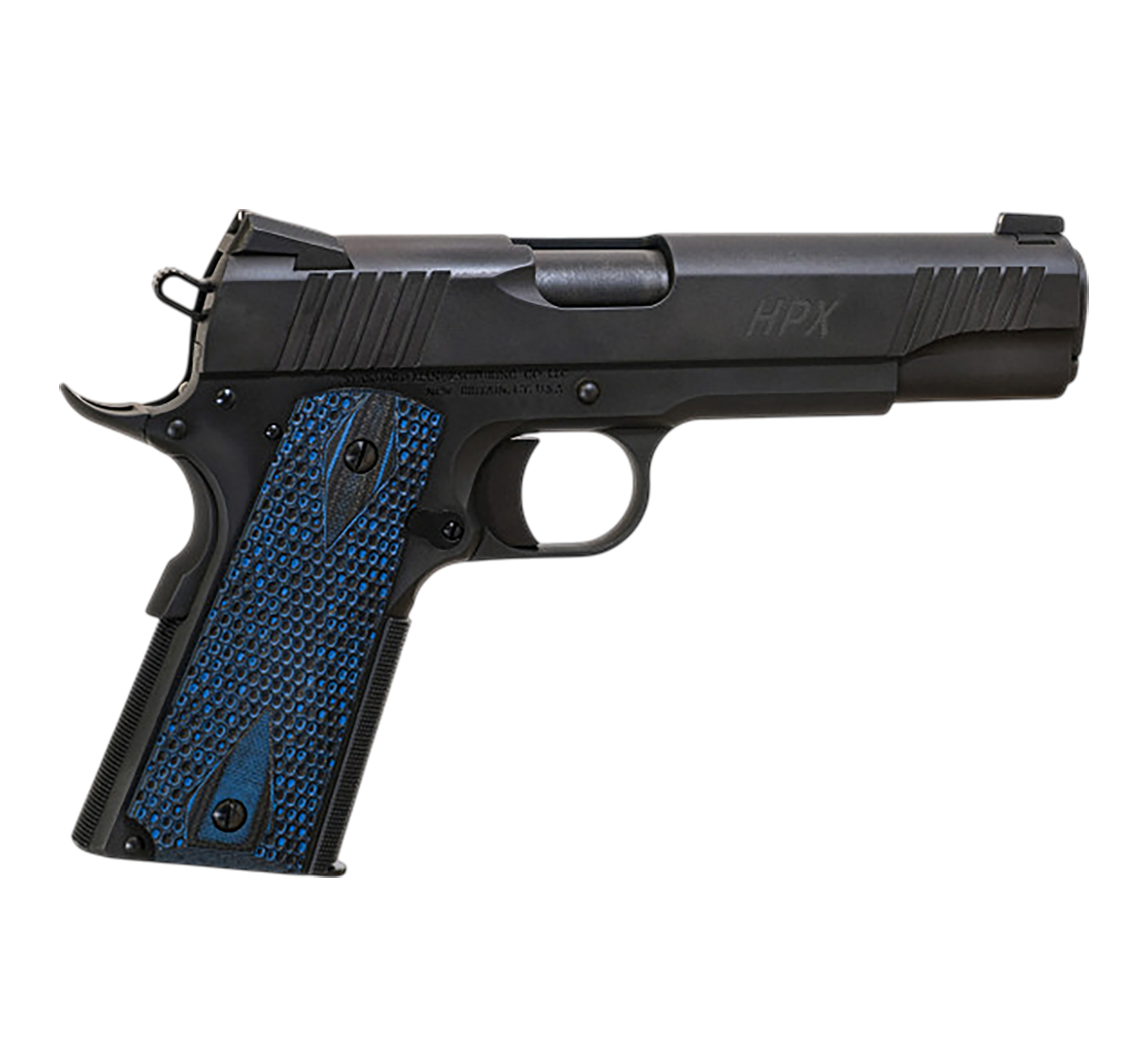 Standard Mfg  1911 HPX Full Size Frame 45 ACP 7+1 5" Black Match Grade Barrel, Satin Steel Serrated Slide, Black Satin Steel Frame w/Beavertail, Black/Blue Honeycomb Grip