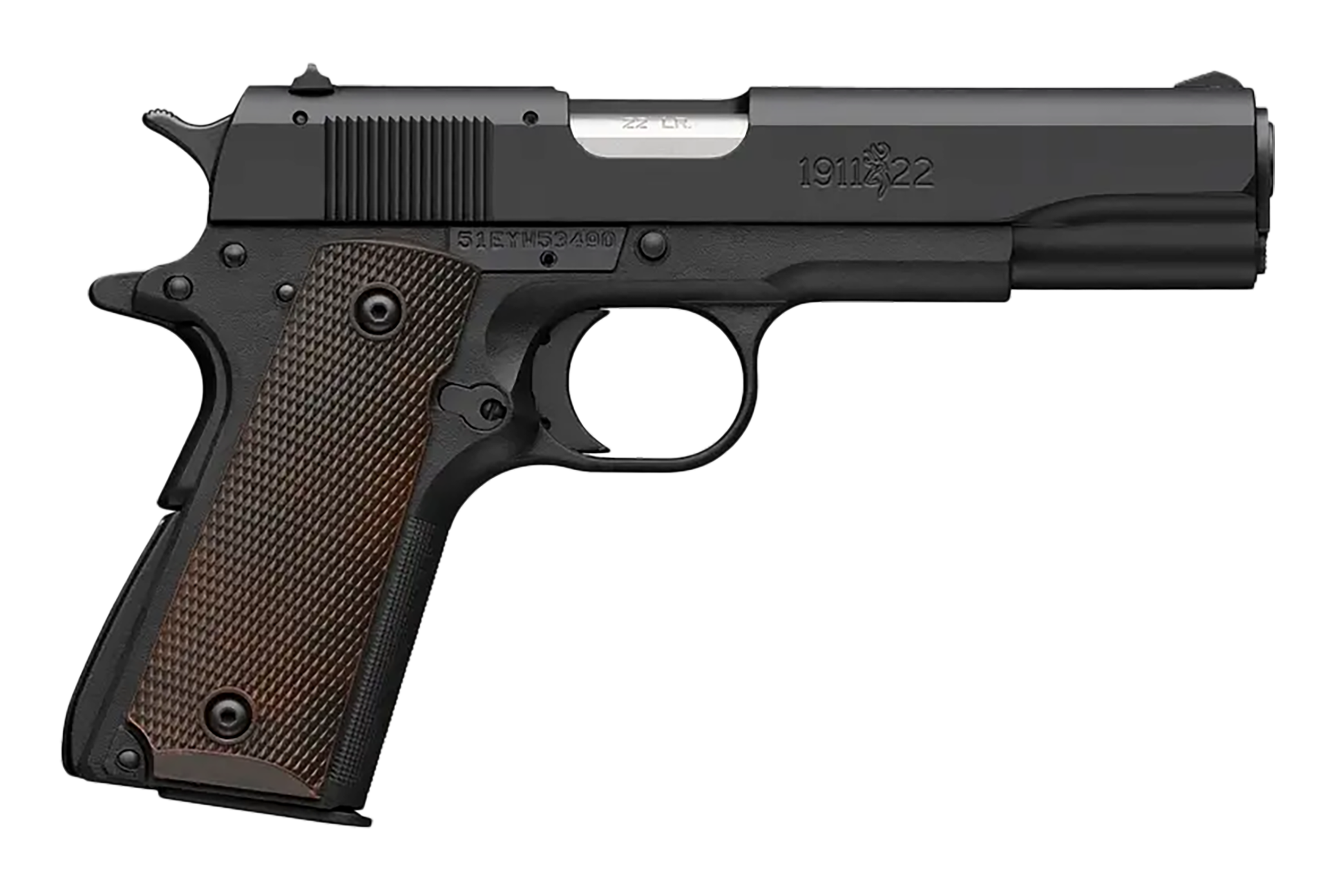 Browning 051063490 1911 A1 Full Size Frame 22 LR 10+1 4.25" Stainless Steel Barrel, Matte Black Serrated Slide, Matte Black Polymer Frame, Brown Composite Grip