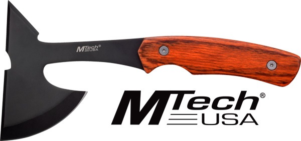 MC MTECH 9" TOMAHAWK W/SHEATH 3" BLACK BLADE PAKKAWOOD HNDL!