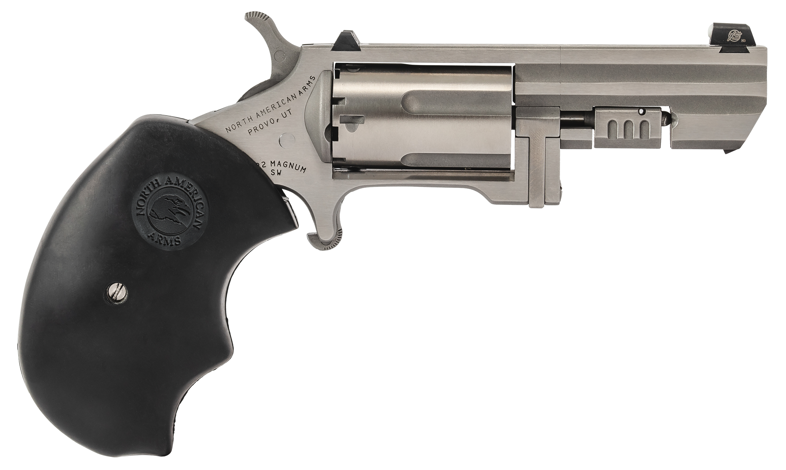 North American Arms RECLUSE Swing Out Recluse 22 Mag 5 Shot 2" Stainless Steel Barrel, Cylinder & Frame, Oversized Rubber Grip, Exposed Hammer