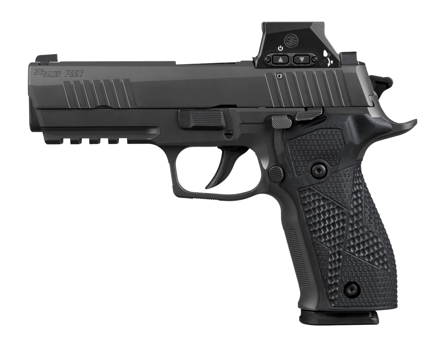 Sig Sauer 226X9RXSL10 P226 w/Optic Full Size 9mm Luger 10+1 4.40" Black Bull Barrel. Matte Black DLC Stainless Steel Serrated w/Optic Slide. Black Anodized Alloy Frame w/Picatinny Rail. Black Hogue G1