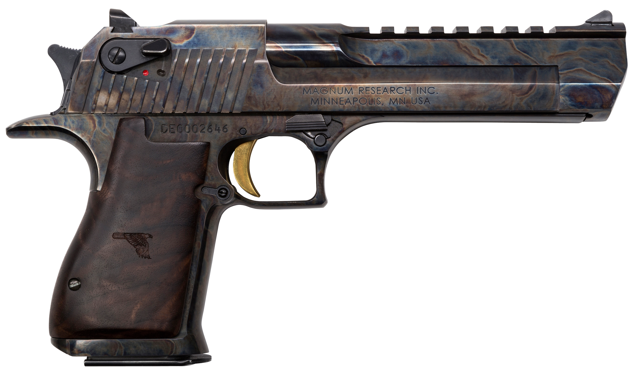 Magnum Research DE44CH Desert Eagle Mark XIX 44 Rem Mag 6" 8+1 Color Case Hardened Carbon Steel with Clear Cerakote Frame & Slide Walnut with Engraved Desert Eagle Logo Grip