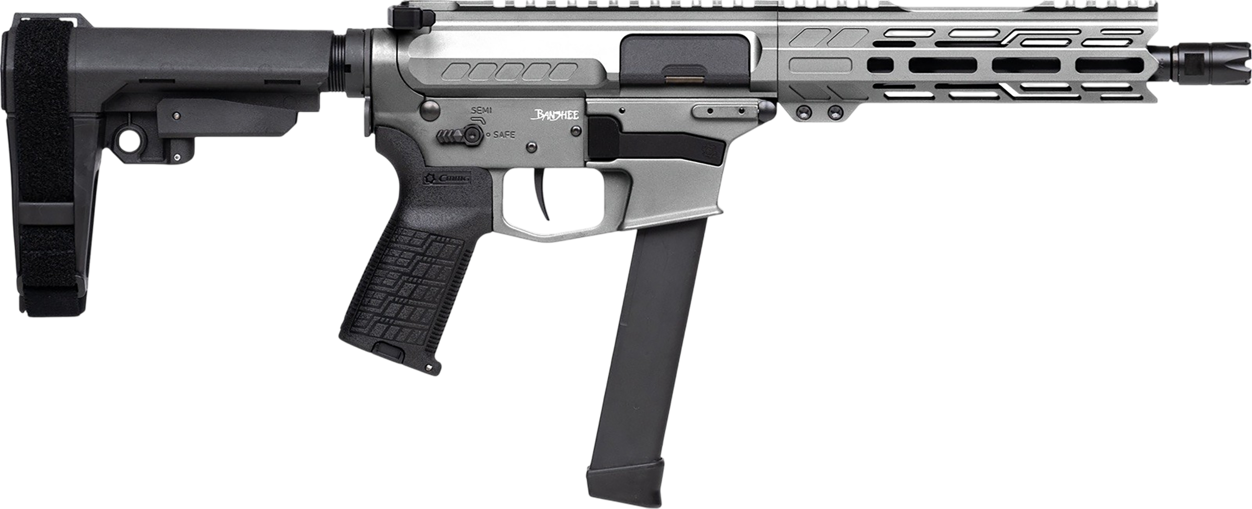 CMMG 99A520FTNG Banshee FE MkGs 9mm Luger 33+1 8" Black Nitride Threaded Barrel, M-LOK Handguard, Tungsten Cerakote Aluminum Receiver w/Picatinny Rail, Black Polymer CMMG RipBrace, CMMG Zeroed Grip