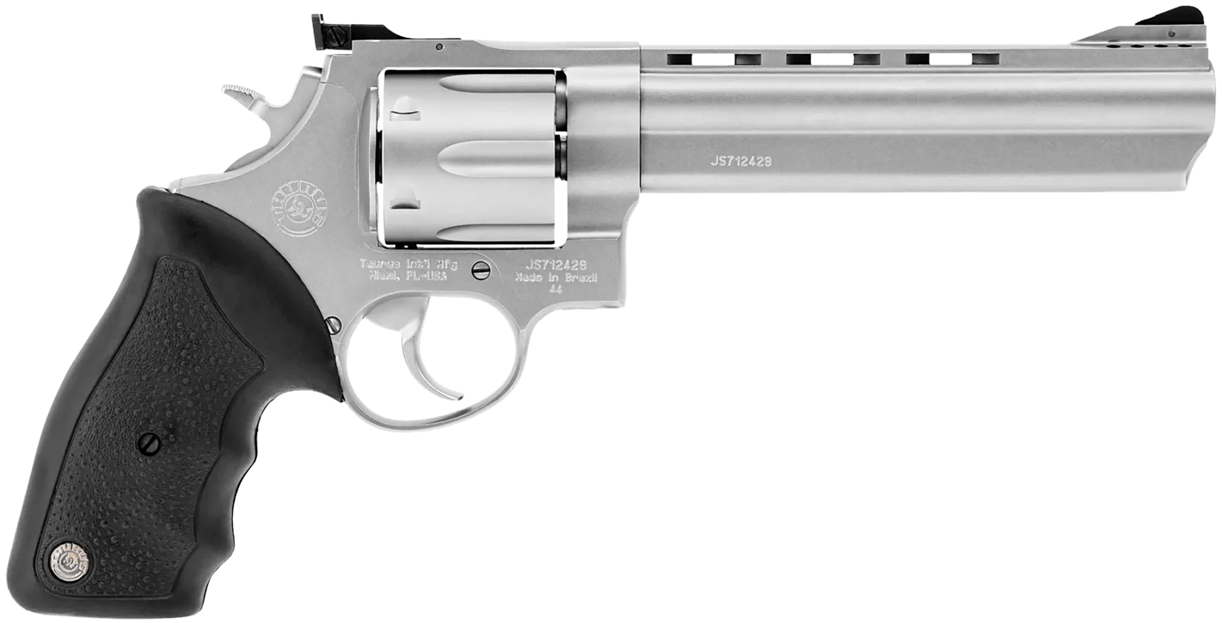 Taurus 2-440069 44 Large 44 Rem Mag 6 Shot 6.50" Matte Stainless Ported Barrel, Cylinder & Frame, Black Finger Grooved Rubber Grip, Transfer Bar Safety, Exposed Hammer