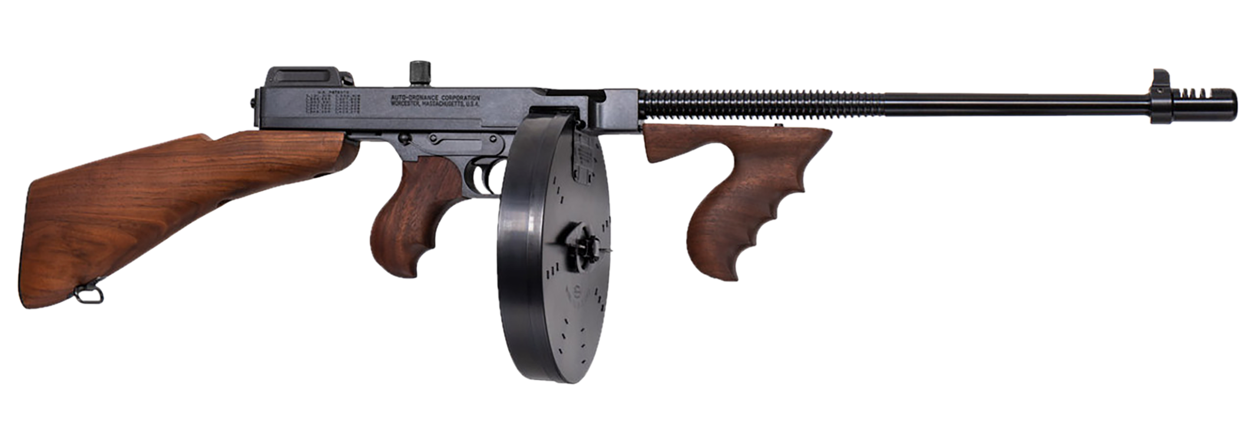 Thompson T1B100D 1927A-1 Deluxe Carbine 45 ACP Caliber with 18" Barrel, 20+1 Capacity (Stick), 100+1 Capacity (Drum), Blued Metal Finish, American Walnut Removable Fixed Stock & Wood Grip Right Hand