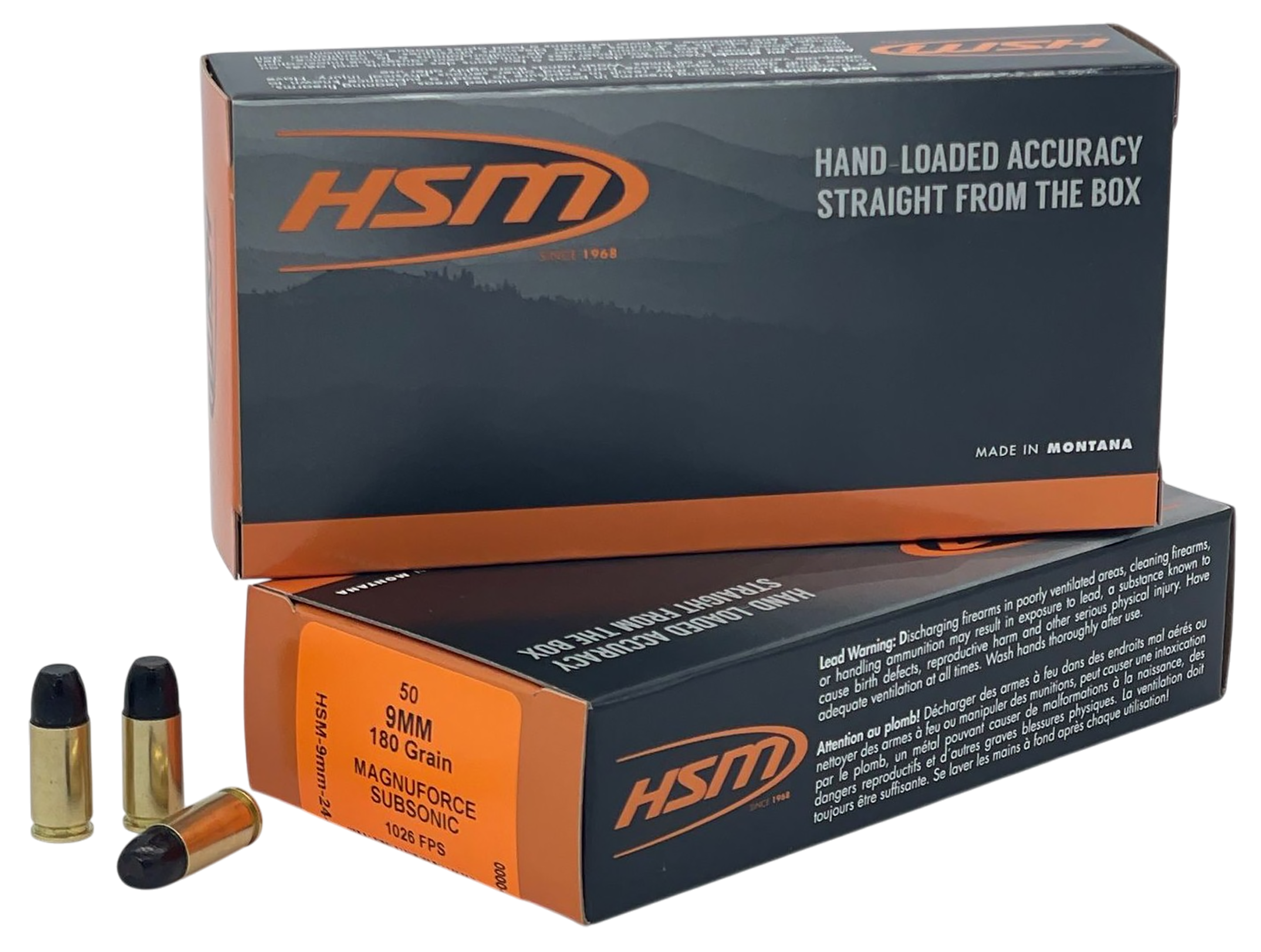 HSM 9MM24N 9mmLuger Subsonic 180gr Hard Cast Long Flat Nose 50 Per Box/10 Case