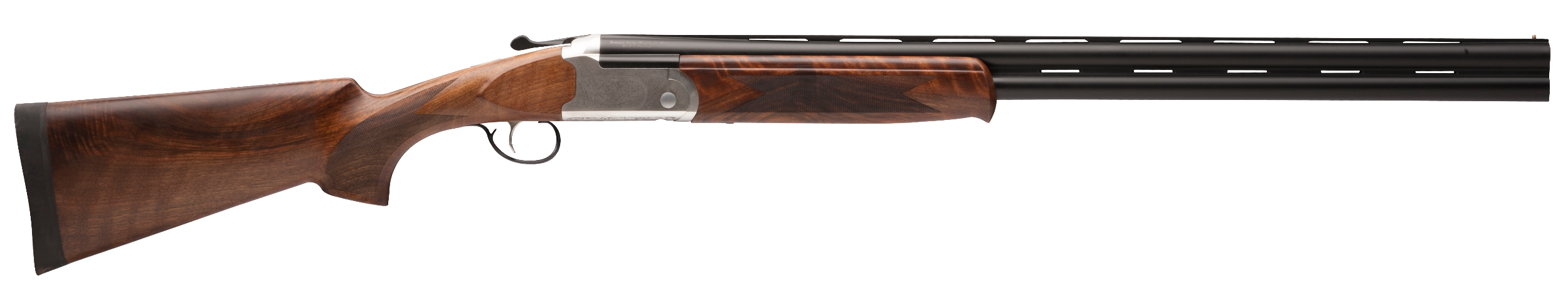 Stevens 22592 555 E 12 Gauge Break Open 3" 2rd 28" Black Satin Over/Under Vent Rib Barrel, Engraved Satin Silver Aluminum Receiver, Fixed Satin Turkish Walnut Stock, Ambidextrous