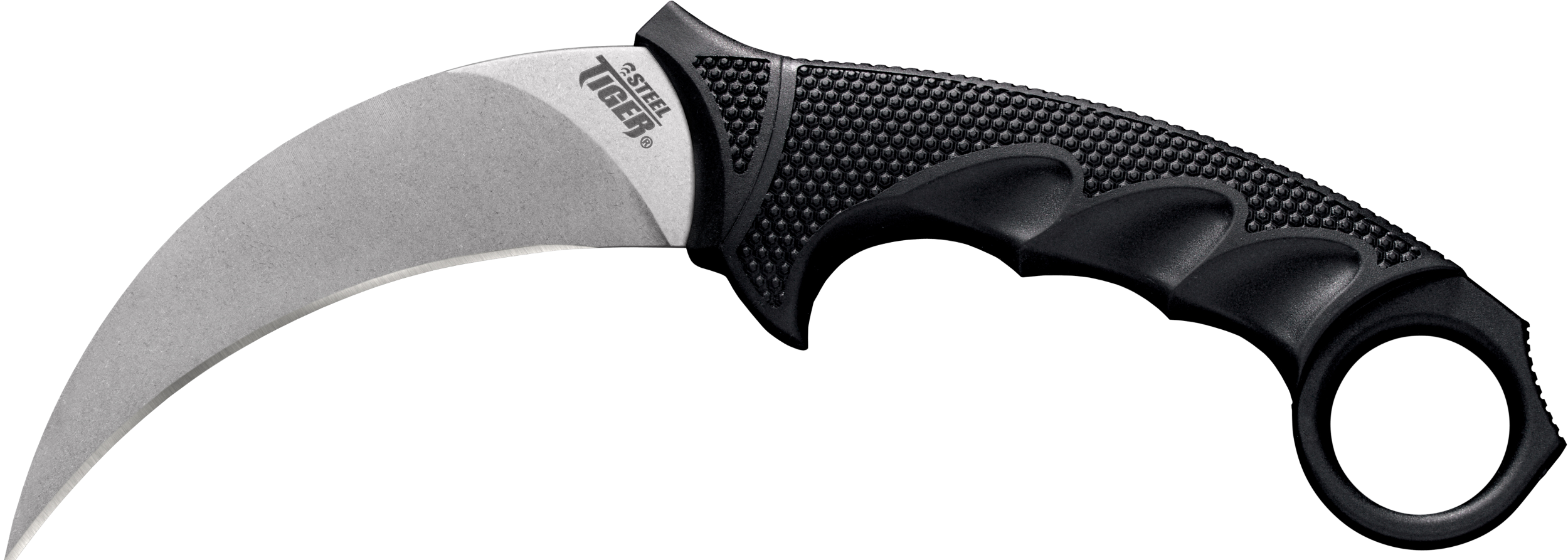 Cold Steel CS49KST Steel Tiger  4.75" Fixed Plain Stone Washed Japanese AUS-8A SS Blade/Black w/Thumb Shelf & Finger Ring Griv-Ex w/Overmold Kray-Ex Handle