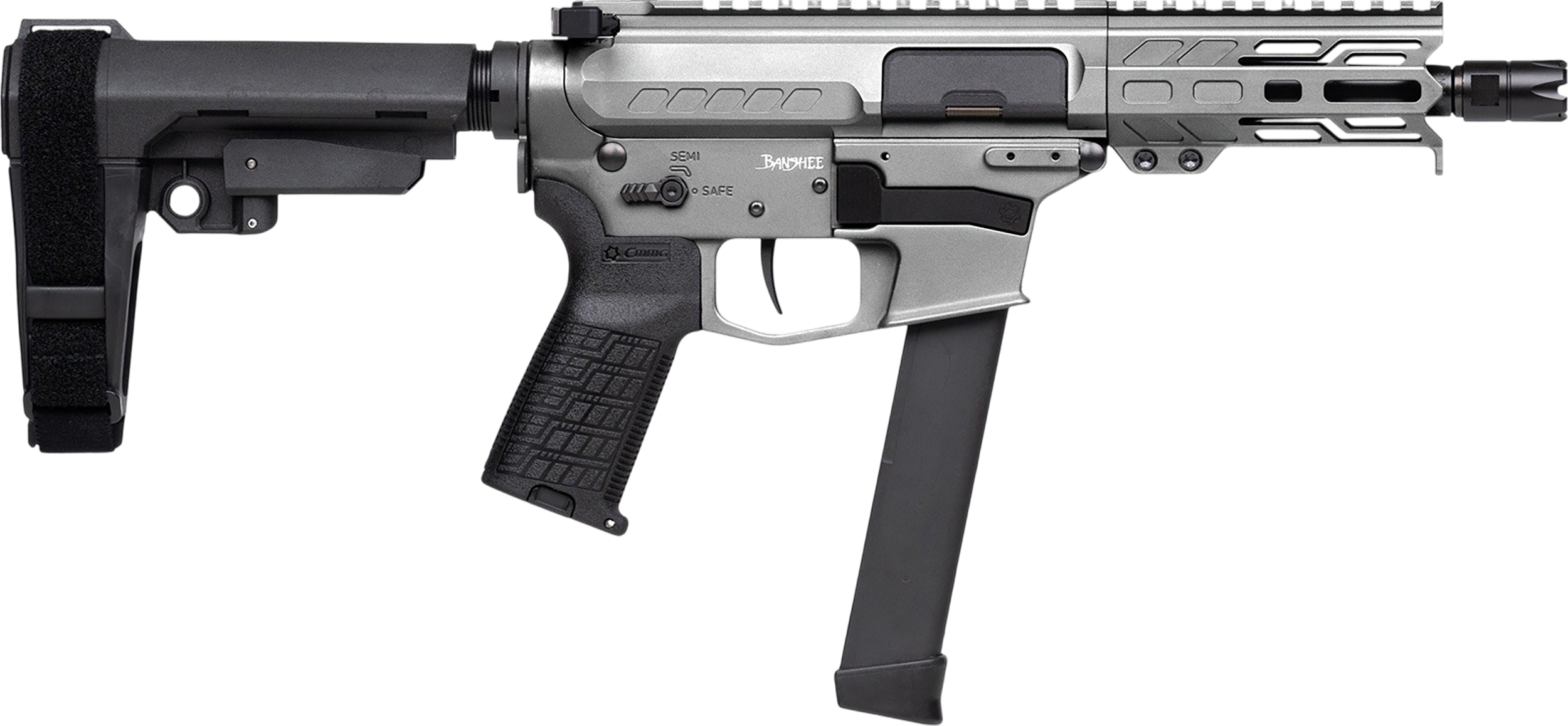 CMMG 99A290FTNG Banshee FE MkGs 9mm Luger 33+1 5" Black Nitride Threaded Barrel, M-LOK Handguard, Tungsten Cerakote Aluminum Receiver w/Picatinny Rail, Black Polymer CMMG RipBrace, CMMG Zeroed Grip