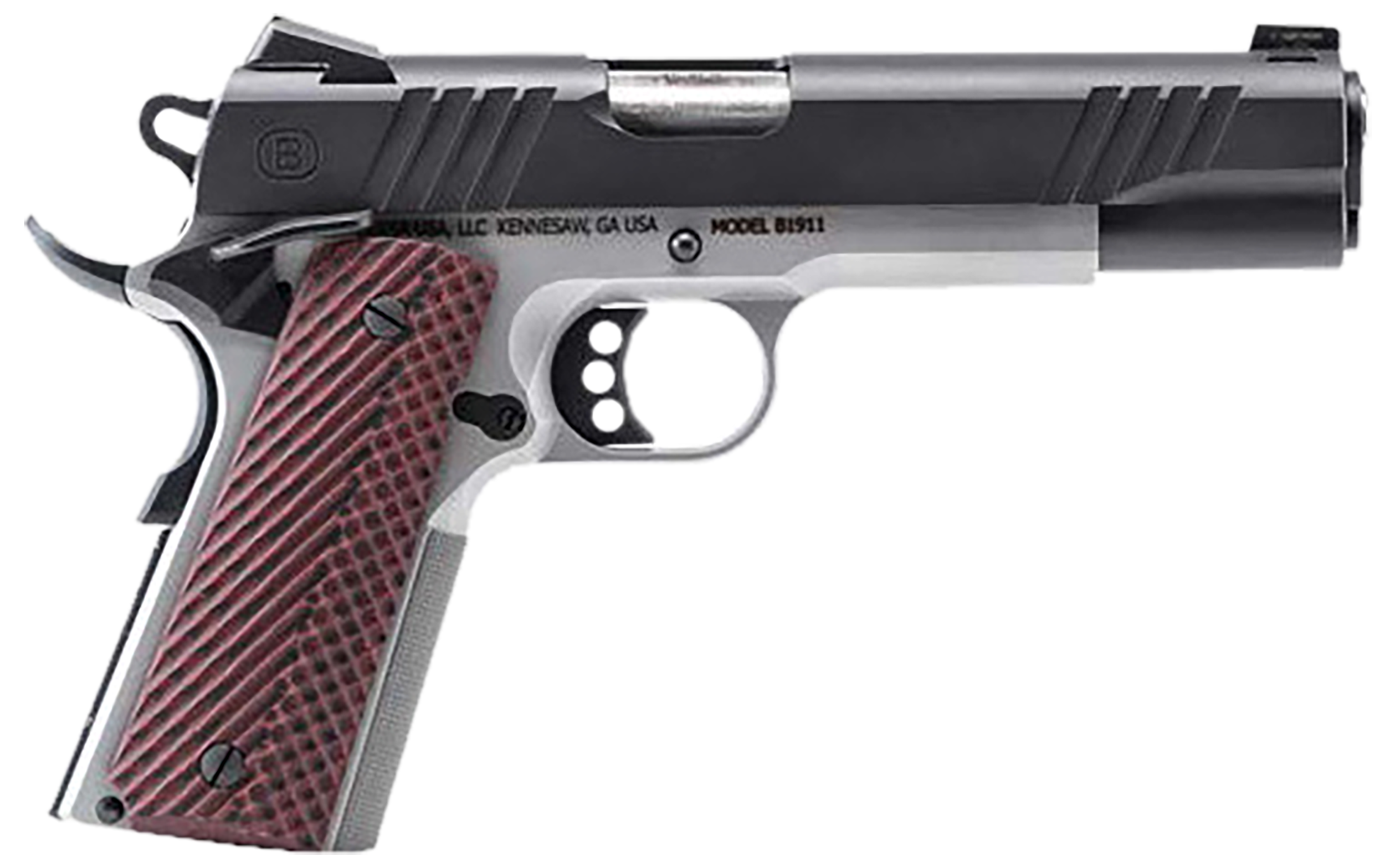 Bersa B19117050BMBC B1911  Full Size Frame 45 ACP 8+1 5" Stainless Steel Barrel, Stainless Serrated Steel Slide, Black Stainless Steel Frame w/Beavertail, Rosewood Grip, Ambidextrous