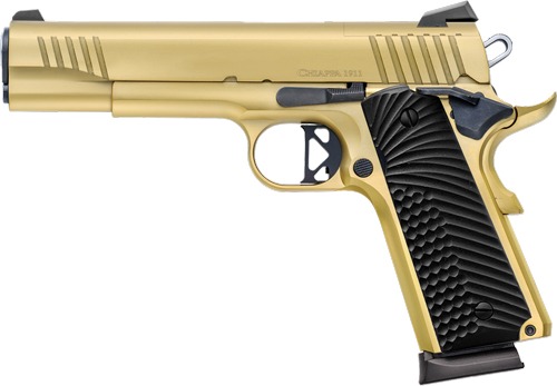 CHIAPPA 1911 SUPERIOR GRADE 38 SUPER 5" GOLD G10 BLK GRIPS
