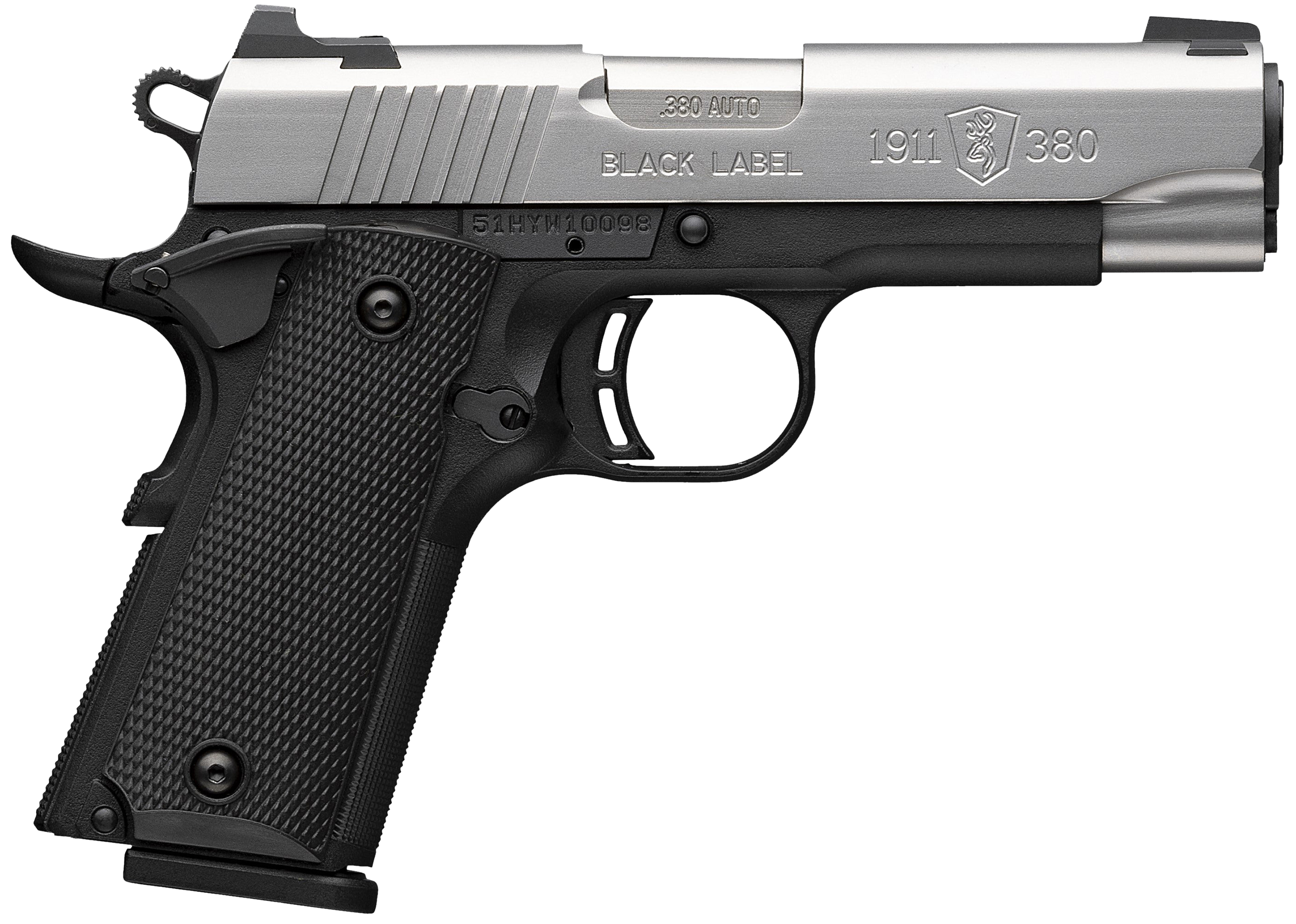 Browning 051119492 1911 Black Label Compact 380 ACP 8+1 3.63" Stainless Steel Barrel, Satin Stainless Steel Serrated Slide, Matte Black Polymer Frame, Black Polymer Grip