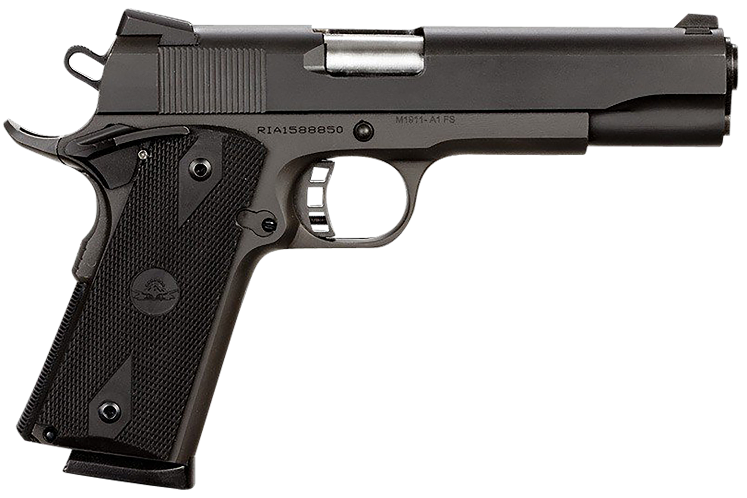 Rock Island 51431 Rock Standard FS 45 ACP Caliber with 5" Barrel, 8+1 Capacity, Overall Black Parkerized Finish Steel, Beavertail Frame, Serrated Slide & Black Rubber Grip