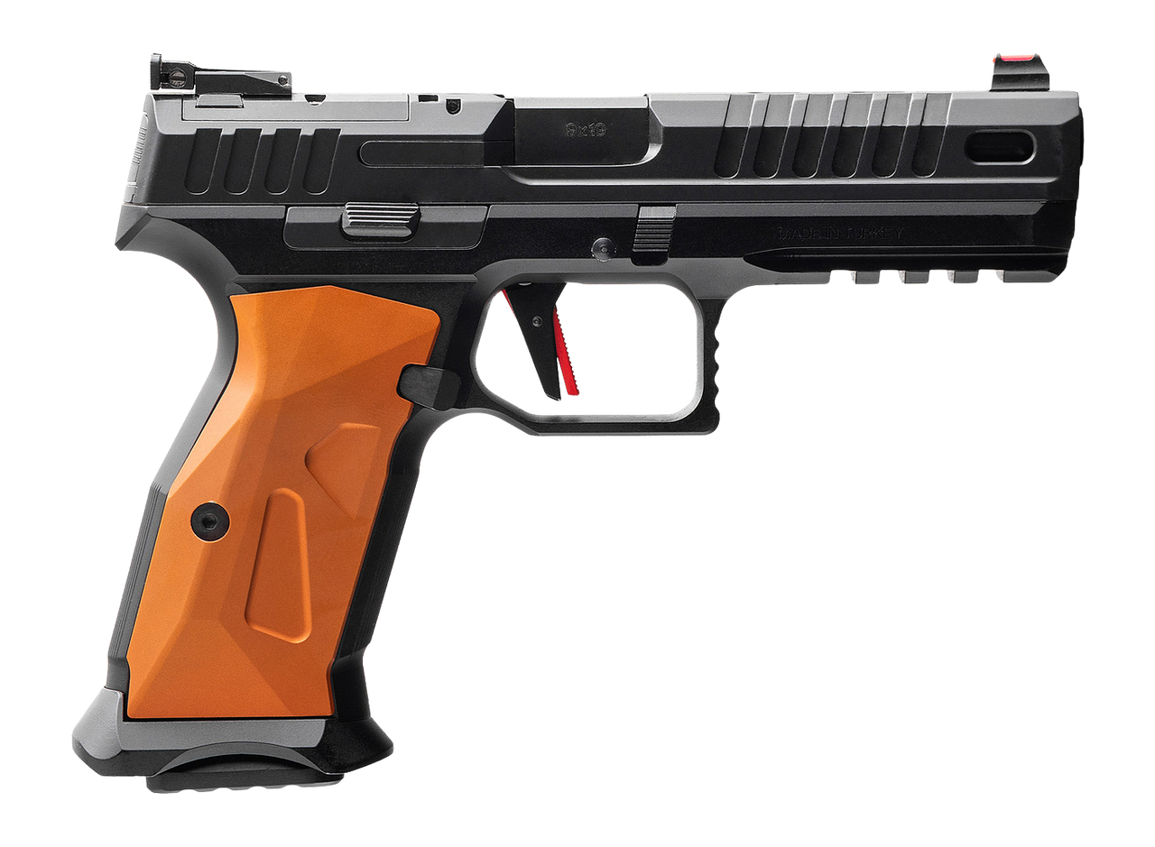 MAC 15000651 RA-9 Sport 9mm Luger 17+1 4.75" Black QPQ Tenifer Cerakote Steel Lightening Cut/Optic Ready Slide, Black Anodized Aluminum Frame w/Picatinny Rail, Orange Aluminum Grip, RMR Footprint