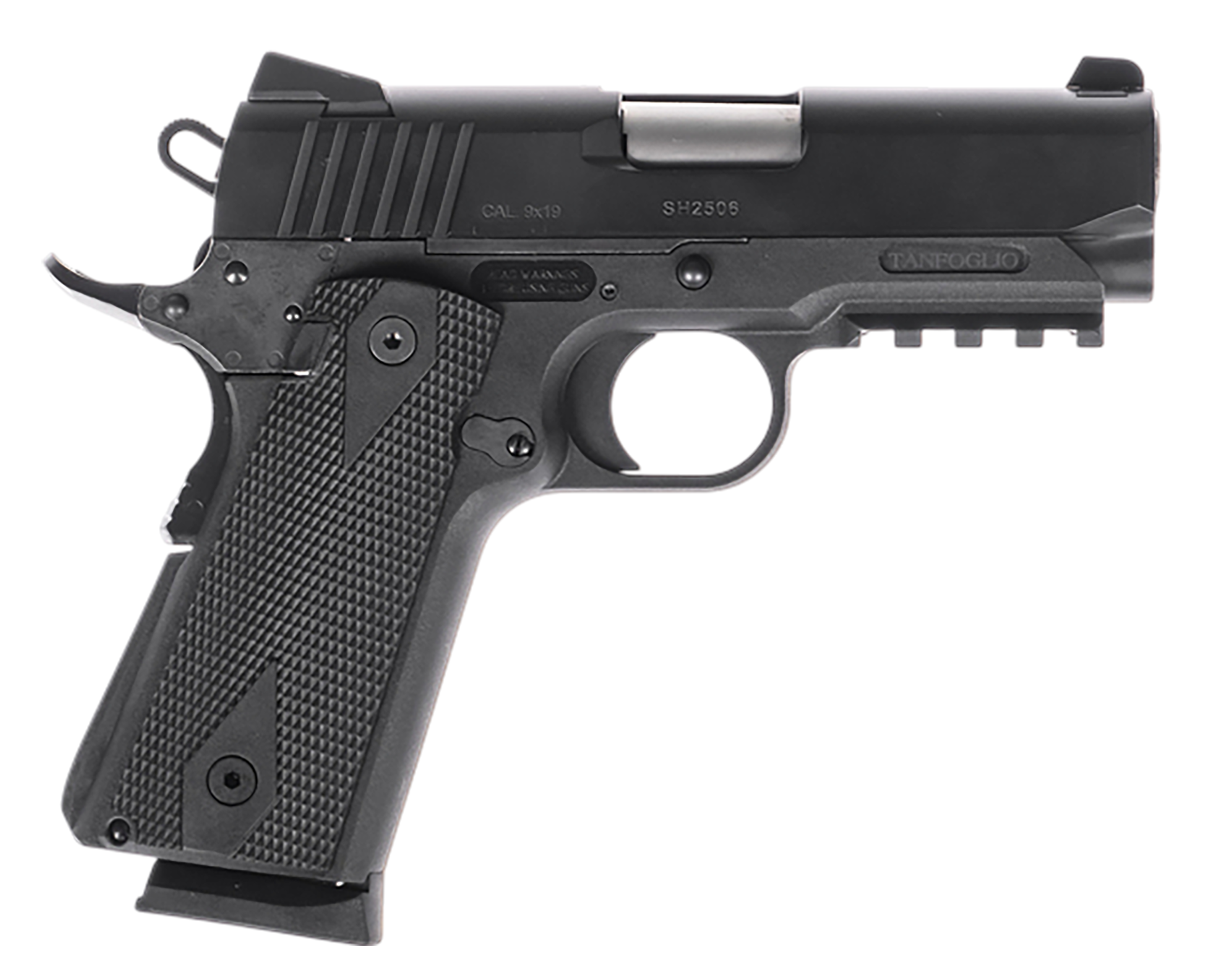 Tanfoglio TFPUGIO9 Pugio  Compact 9mm Luger 10+1 3.54" Stainless Bull Barrel, Black Steel Serrated Slide, Black Polymer Frame w/Beavertail & Picatinny Rail, Textured Grip