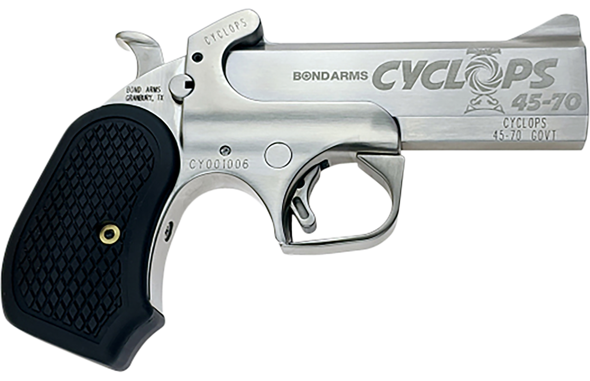 Bond Arms BACYP Cyclops Big Bore 45-70 Gov 1rd, 4.25" Stainless Steel w/Engraved Barrel, Matte Stainless Steel Frame, Black Extended B6 Resin Grip, Includes Holster